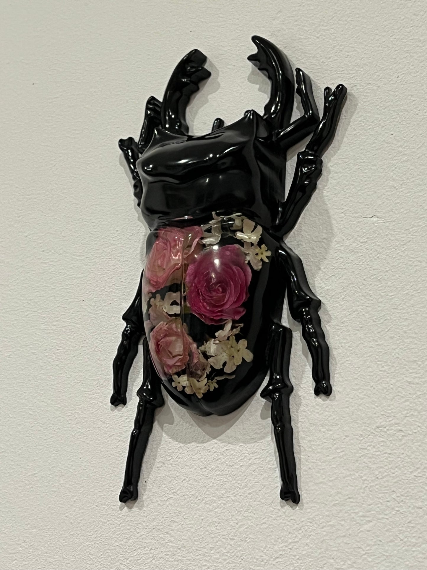 Hirschkäfer mit Rosen und Schneeballblüten