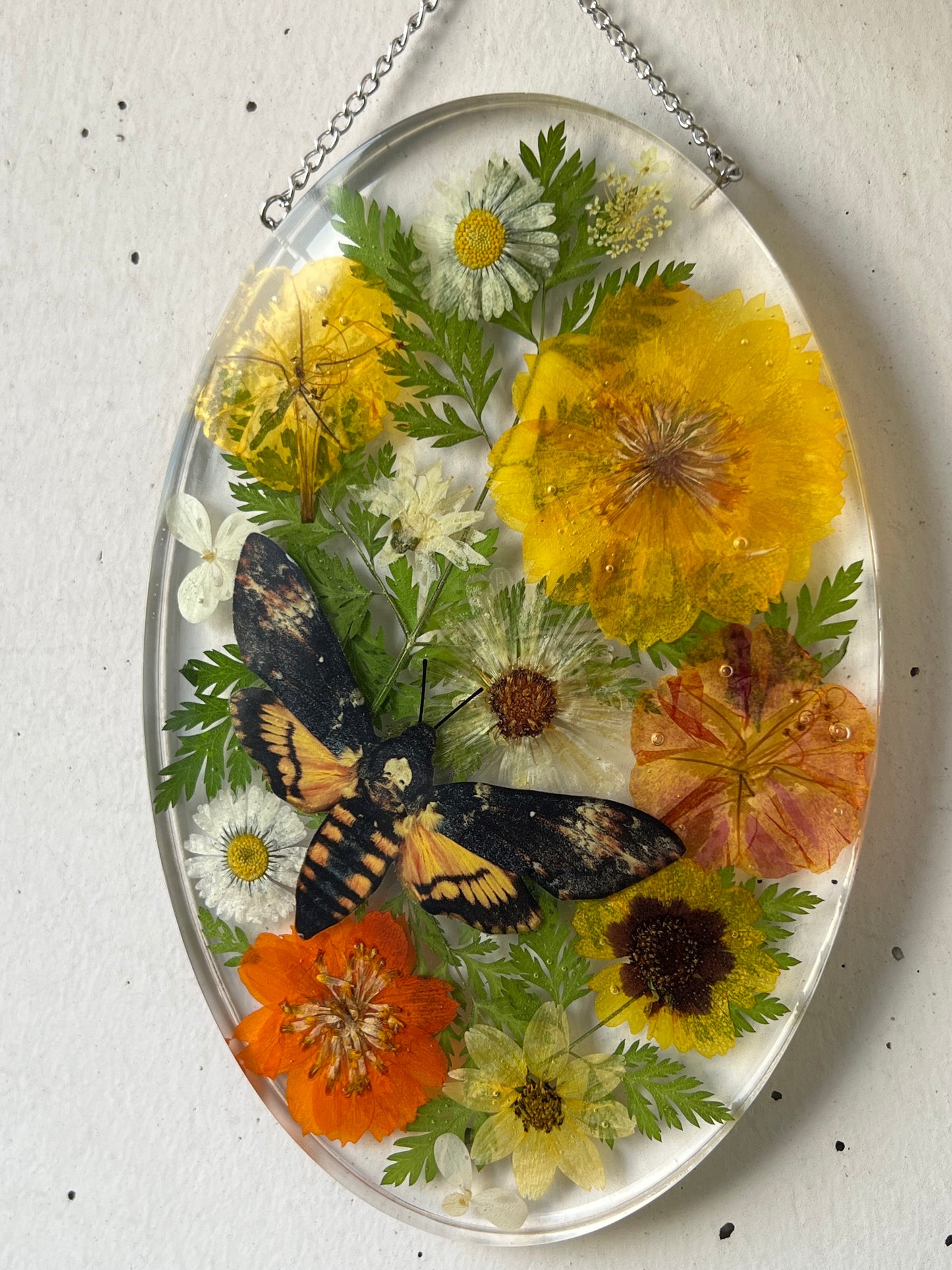 Wandbild mit Blumen und Totenkopfmotte aus Papier