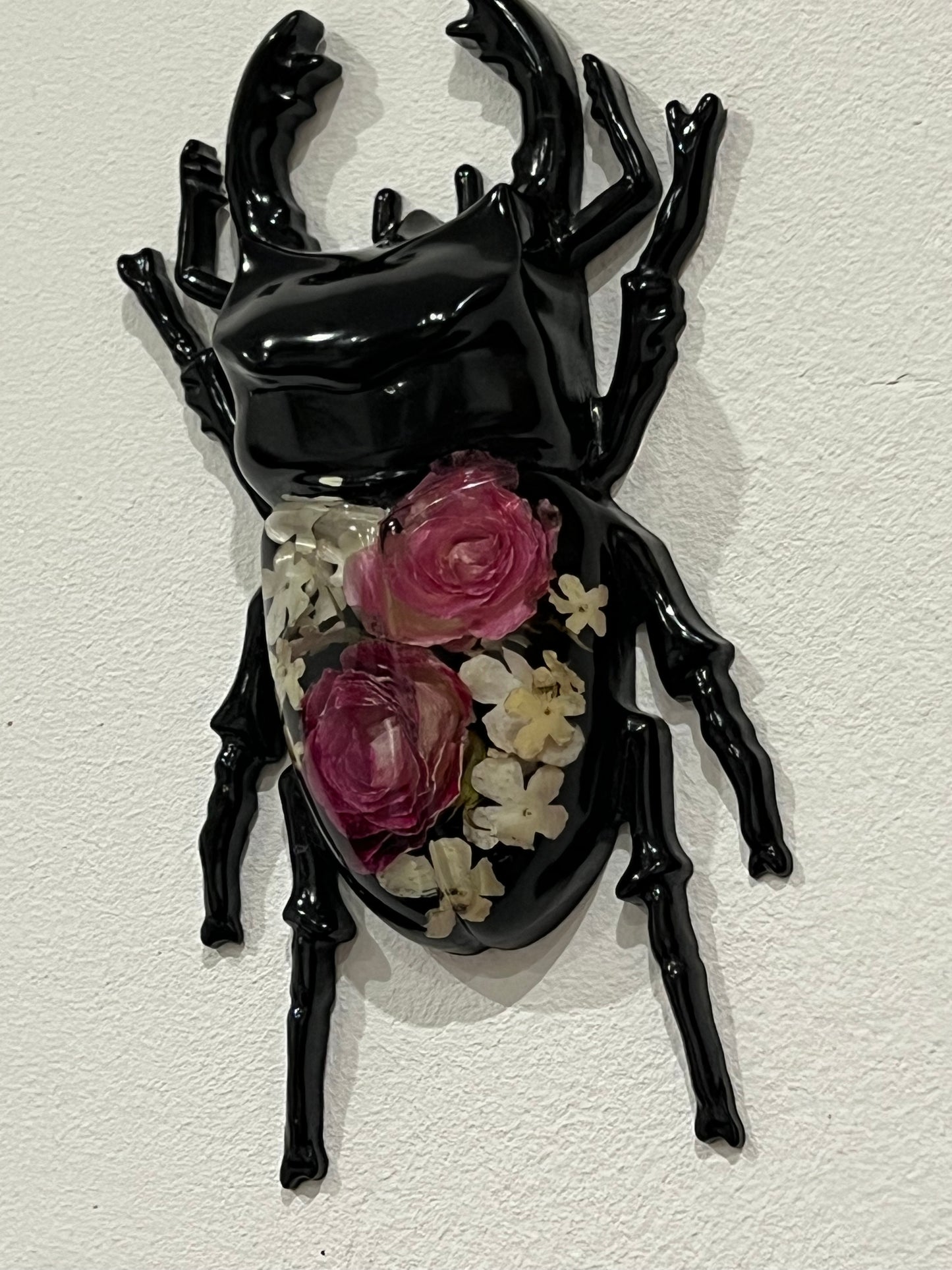 Hirschkäfer mit Rosen und Schneeballblüten
