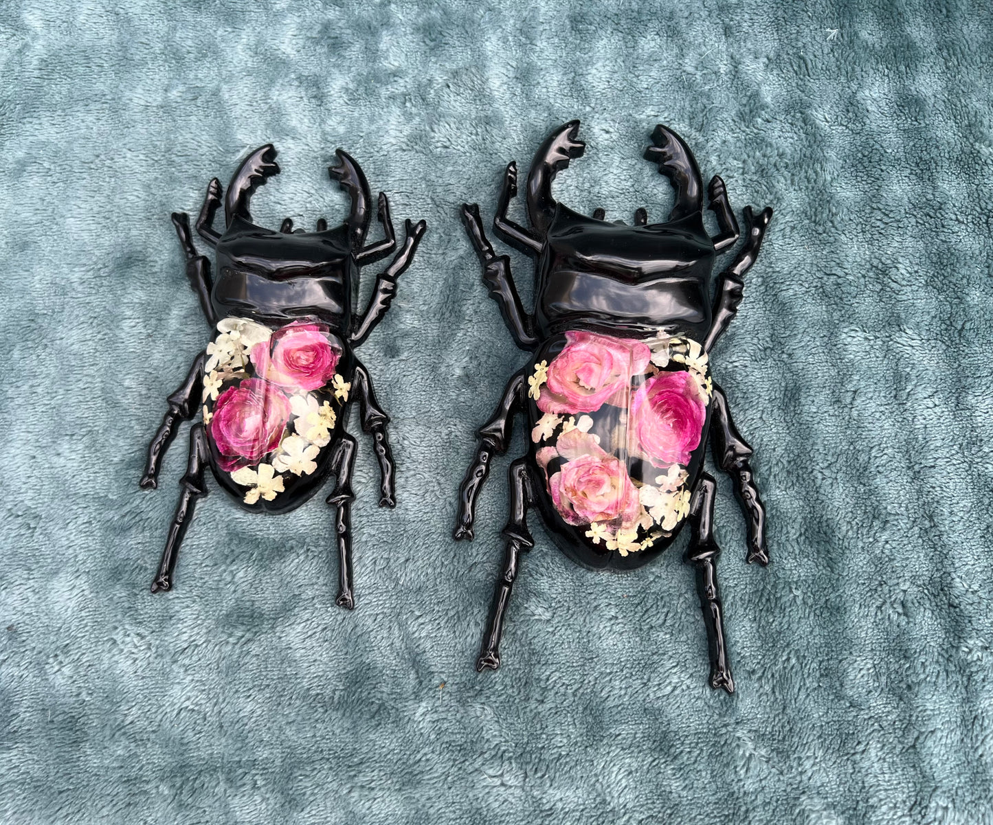 Hirschkäfer mit Rosen und Schneeballblüten