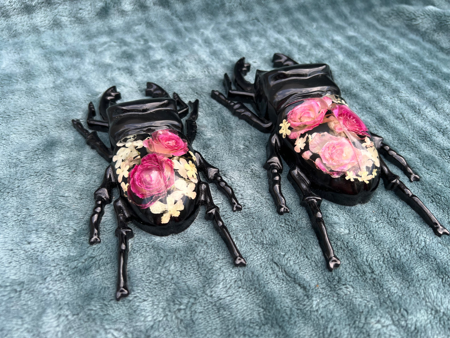 Hirschkäfer mit Rosen und Schneeballblüten