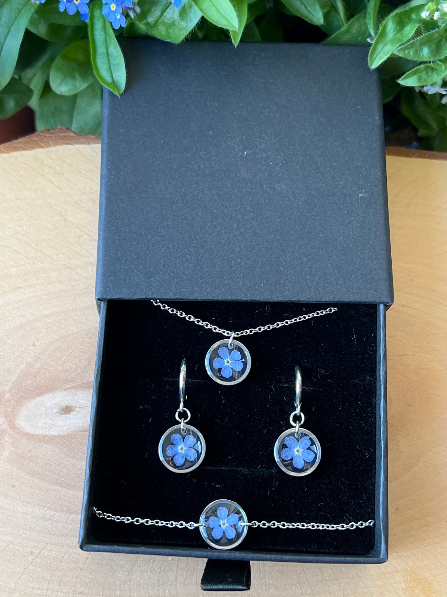 Schmuckset in Schachtel mit Vergissmeinnicht - Silber