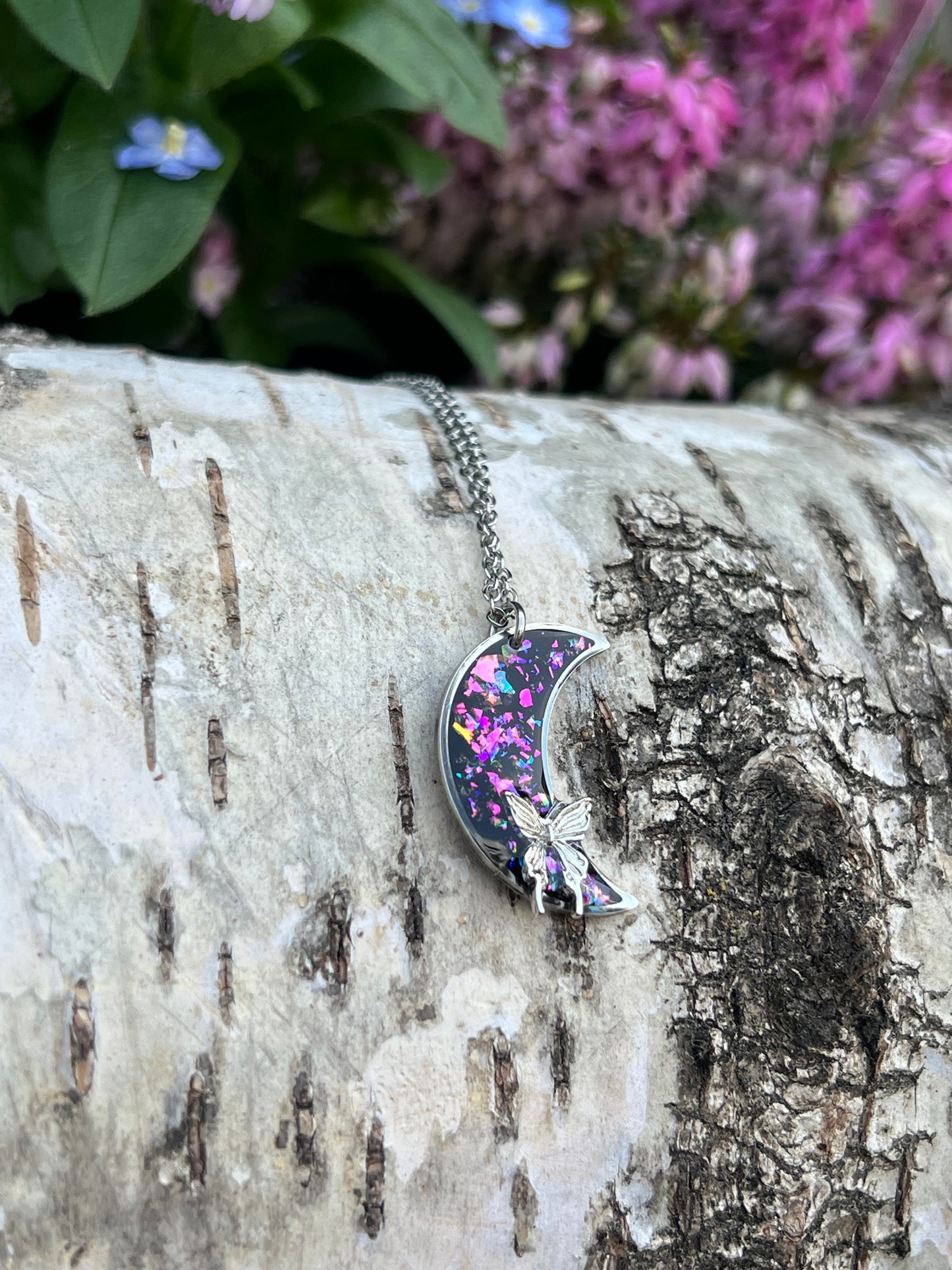 Mond Halskette mit Schmetterling zweiseitig Silber
