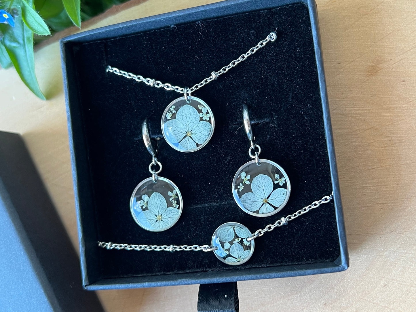 Schmuckset in Schachtel Hortensien & Queen Anne - Silber