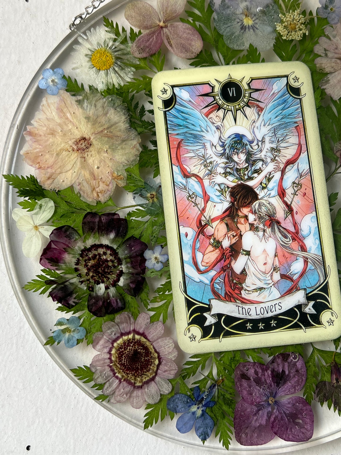 Wandbild Tarotkarte "The Lovers" mit Blumen & Farn