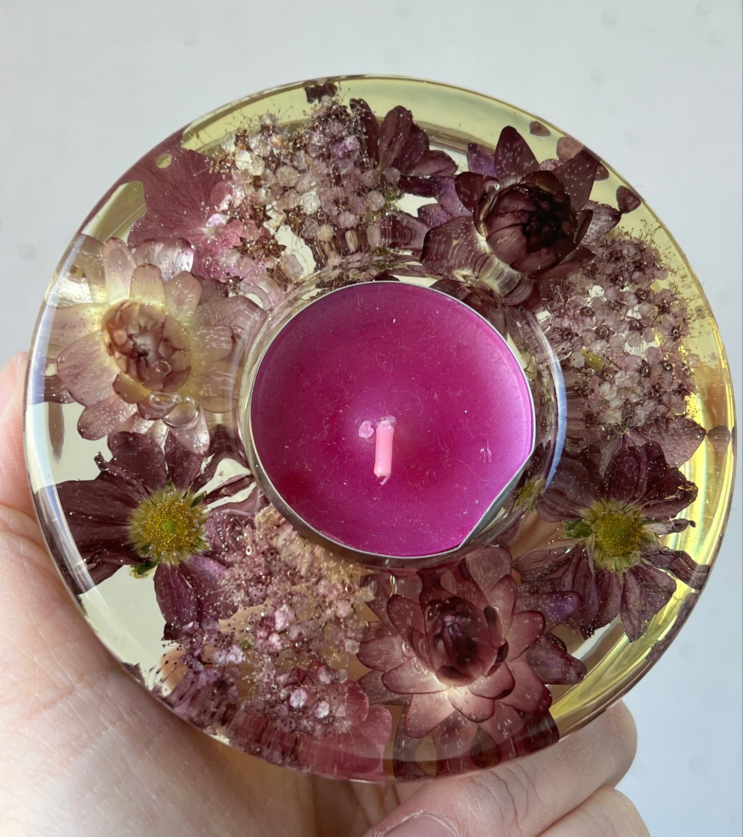 Teelichthalter mit Blumen rosa/rot