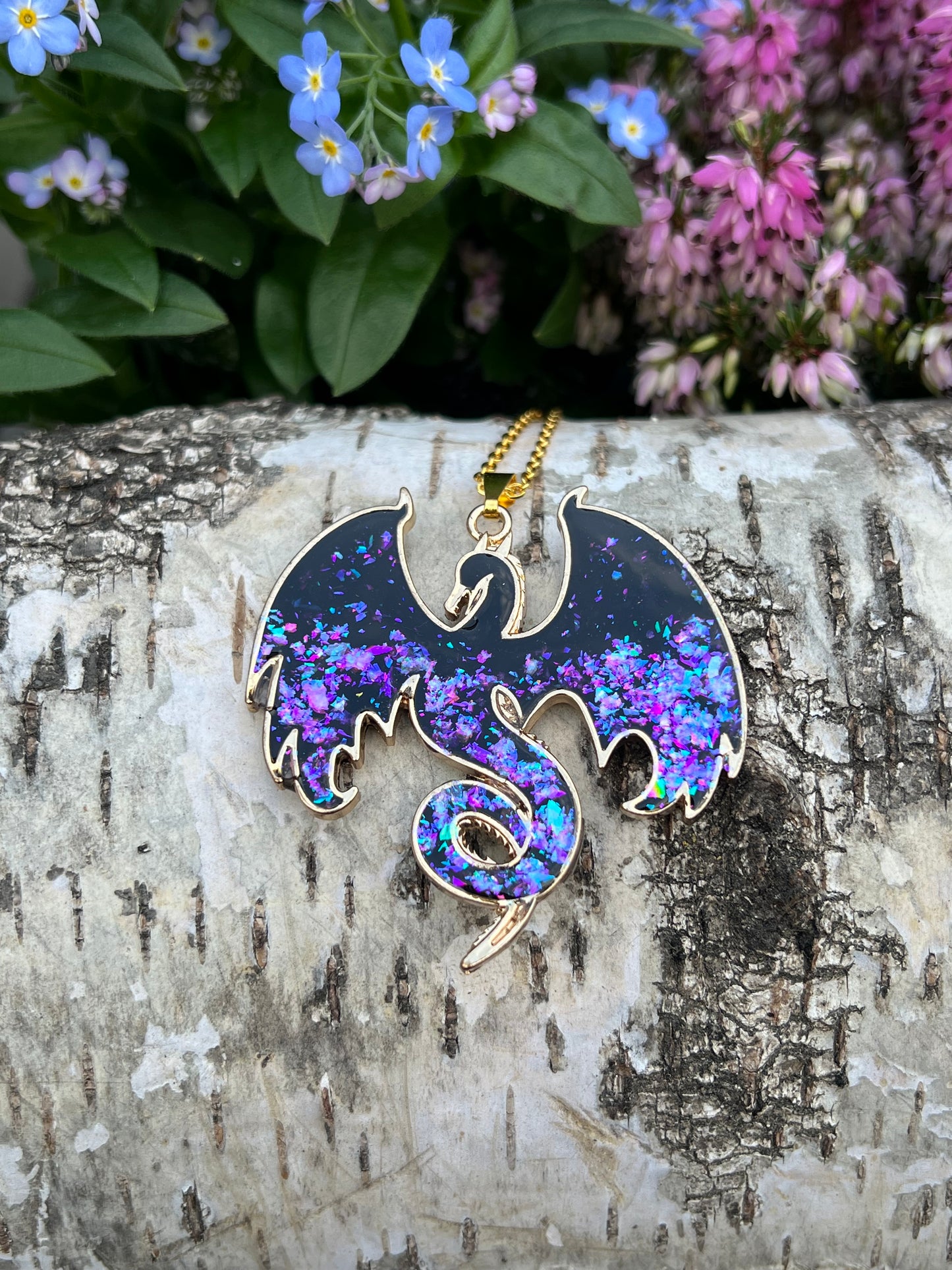 Drachen Halskette pink/violett schimmer Gold