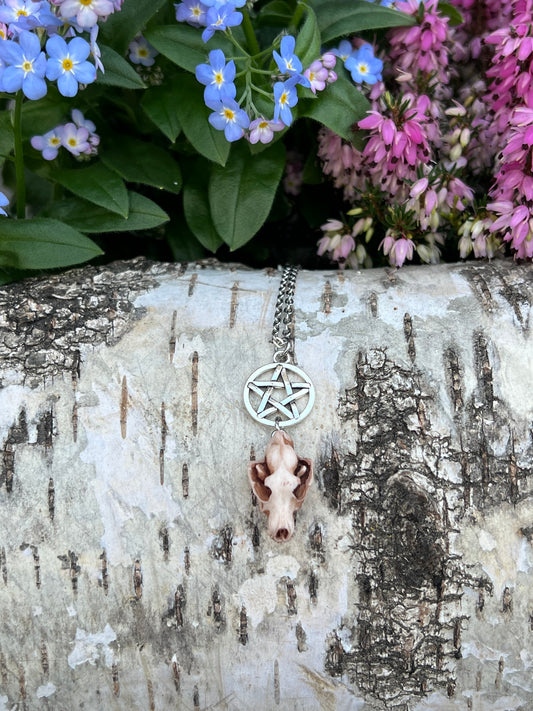 Wolfschädel Halskette mit Pentagramm Silber