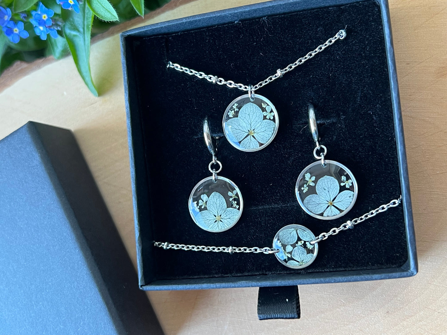 Schmuckset in Schachtel Hortensien & Queen Anne - Silber
