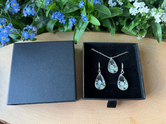 Schmuckset in Schachtel mit Hortensie und Queen Anne Blüten - Silber