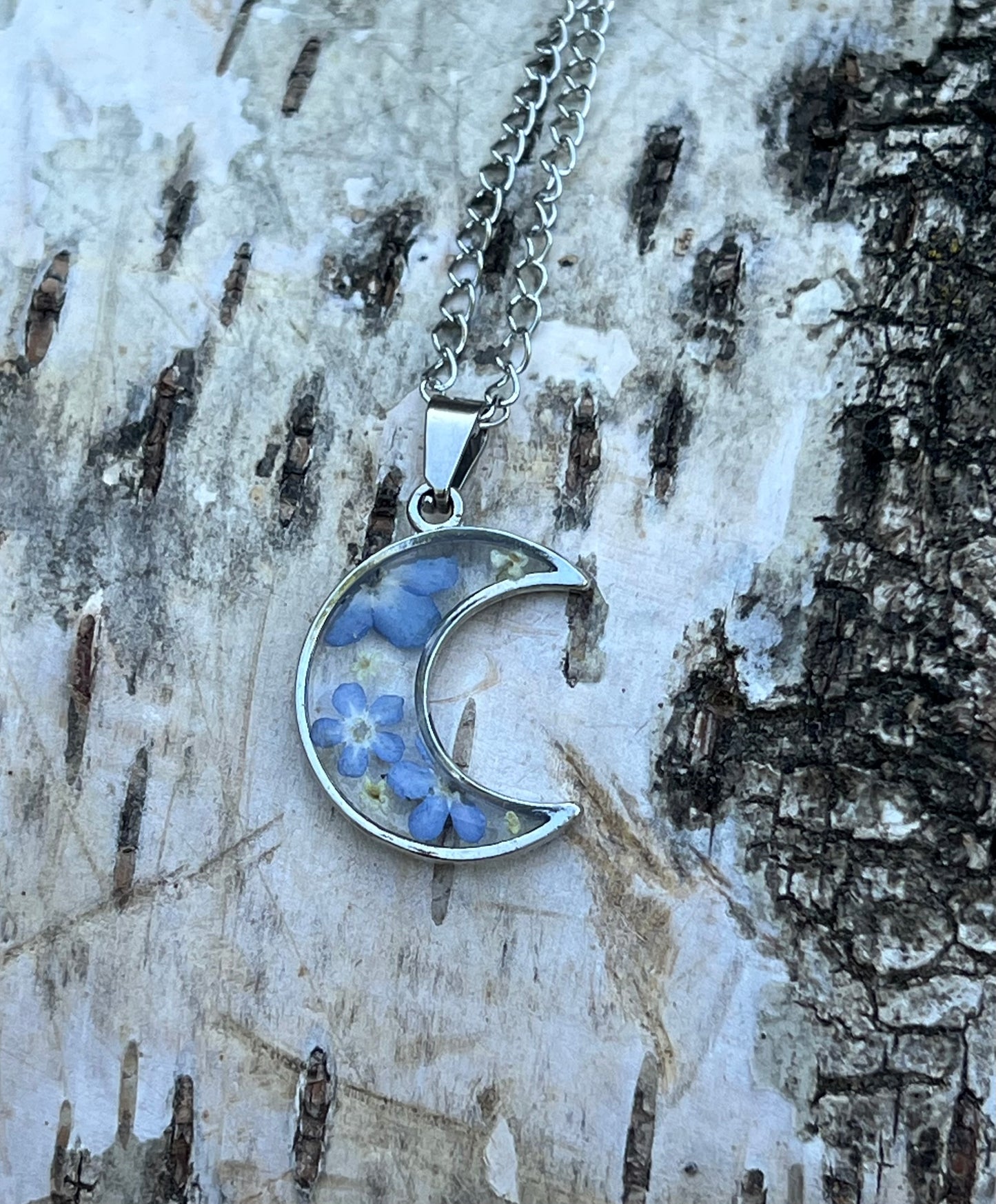 Mond Halskette mit Vergissmeinnicht & Wilder Möhre Silber