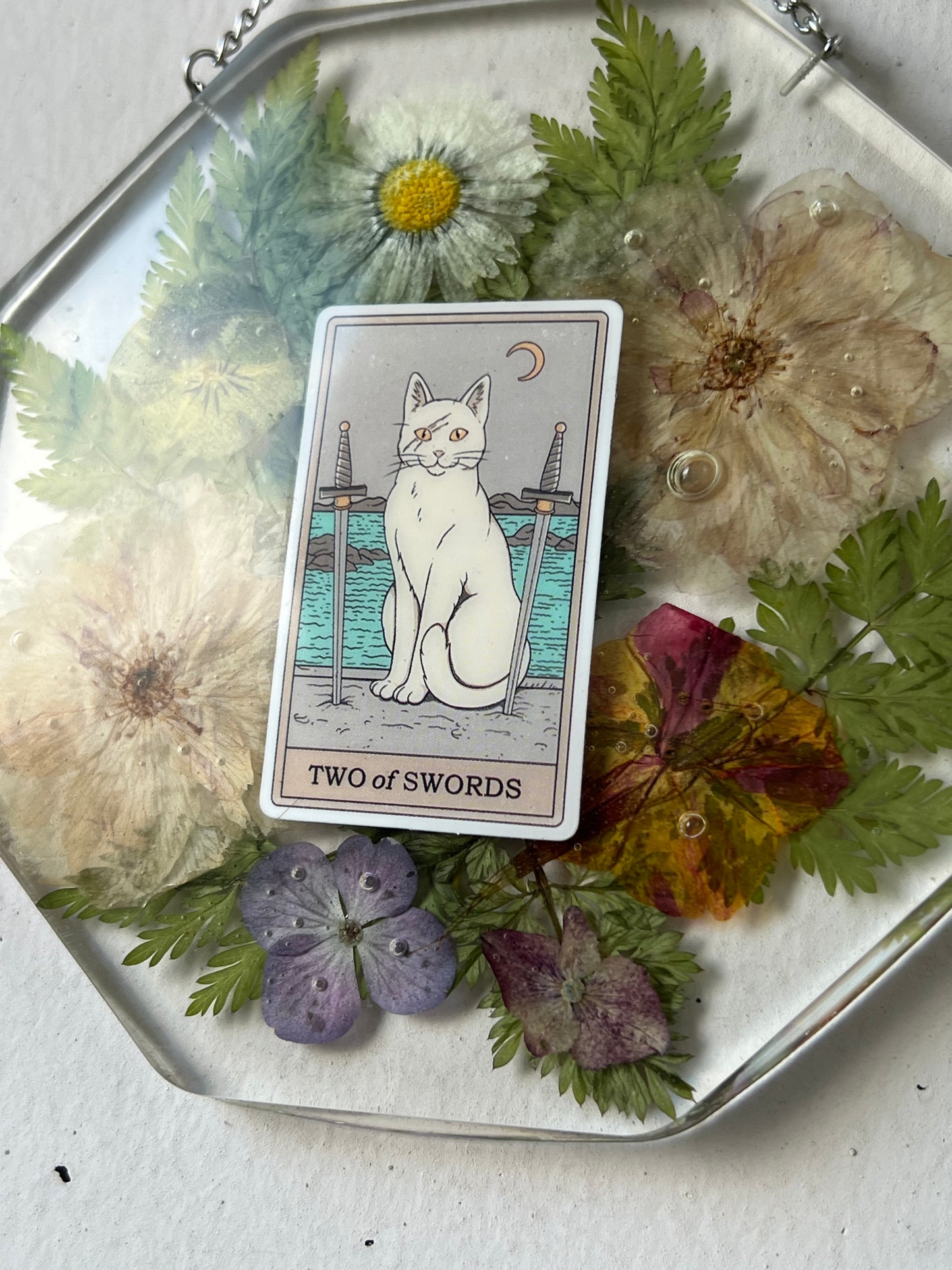 Wandbild mit Katzentarotkarte, Blumen & Farn