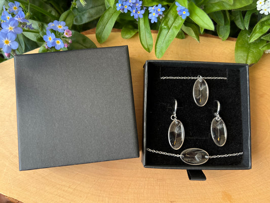 Schmuckset in Schachtel mit Pusteblumen/Löwenzahnsamen - Silber