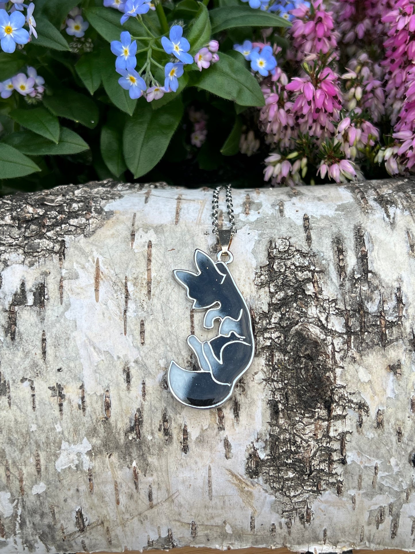 Fuchs Halskette schwarz/weiß Silber