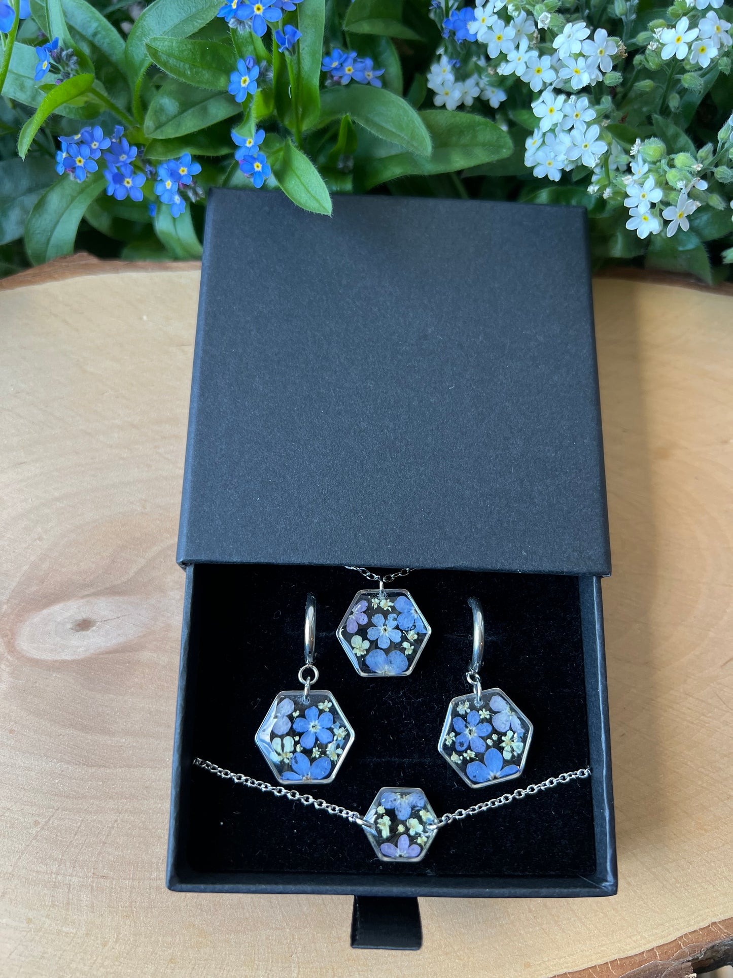 Schmuckset in Schachtel mit Vergissmeinnicht & Queen Anne - Silber