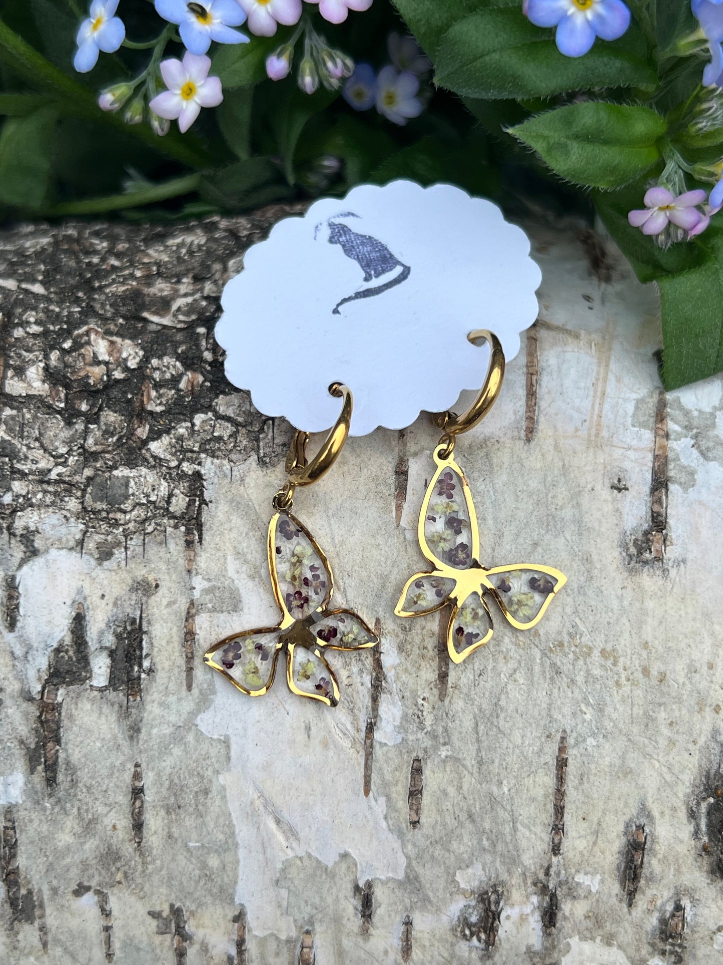Schmetterlings Ohrringe Gold mit Queen Anne Blüten