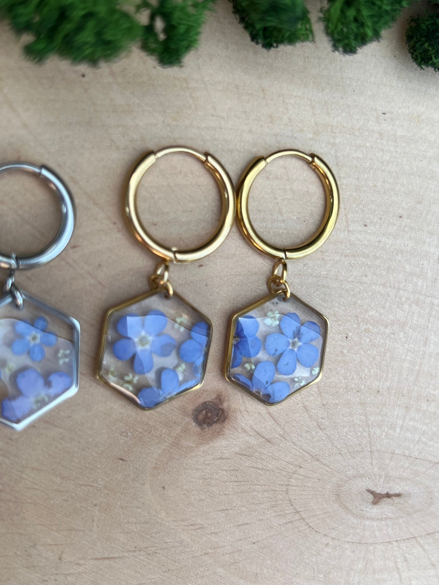 Hexagonohrringe mit Vergissmeinnicht und wilder Möhre