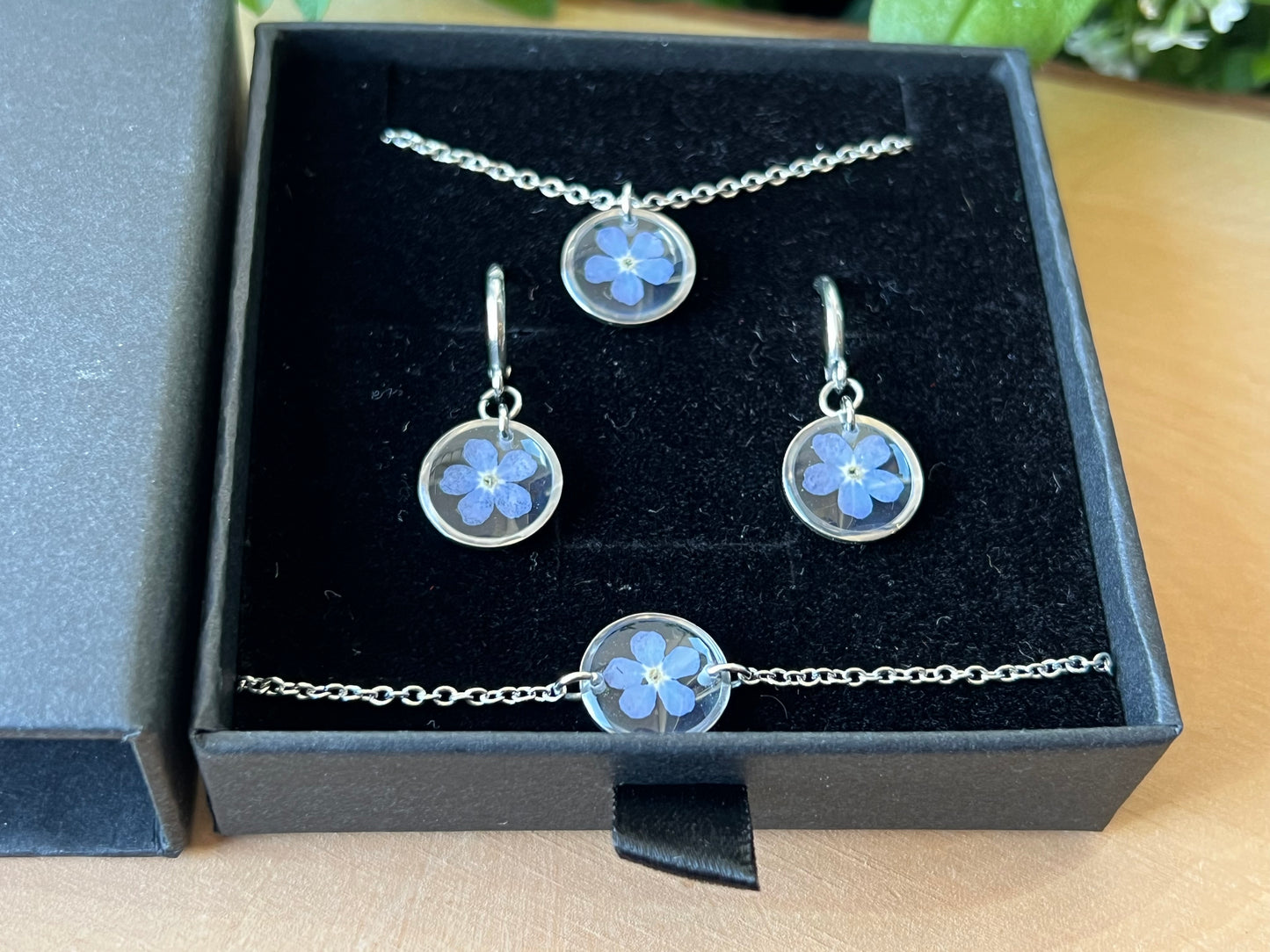 Schmuckset in Schachtel mit Vergissmeinnicht - Silber