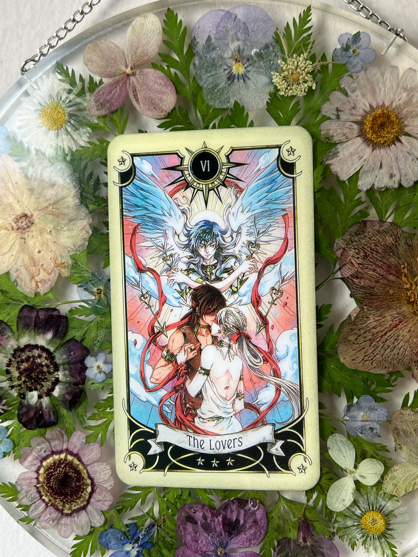 Wandbild Tarotkarte "The Lovers" mit Blumen & Farn