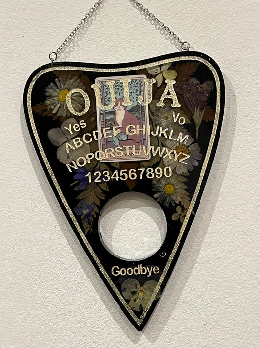 Große Quija Planchette mit echten Blumen und Katzentarotkarte