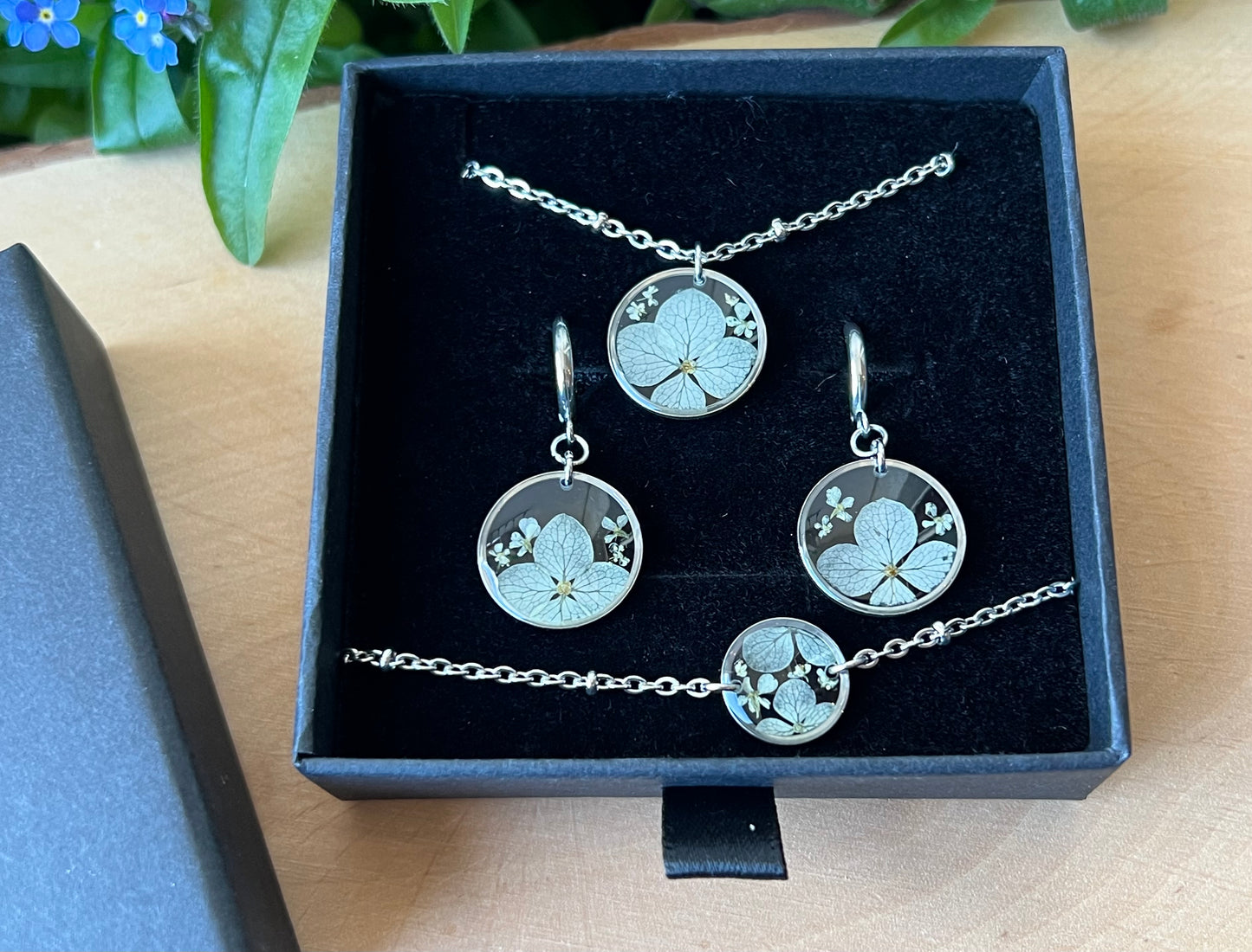 Schmuckset in Schachtel Hortensien & Queen Anne - Silber