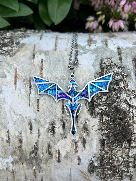 Drachen Halskette blau/lila schimmernd Silber