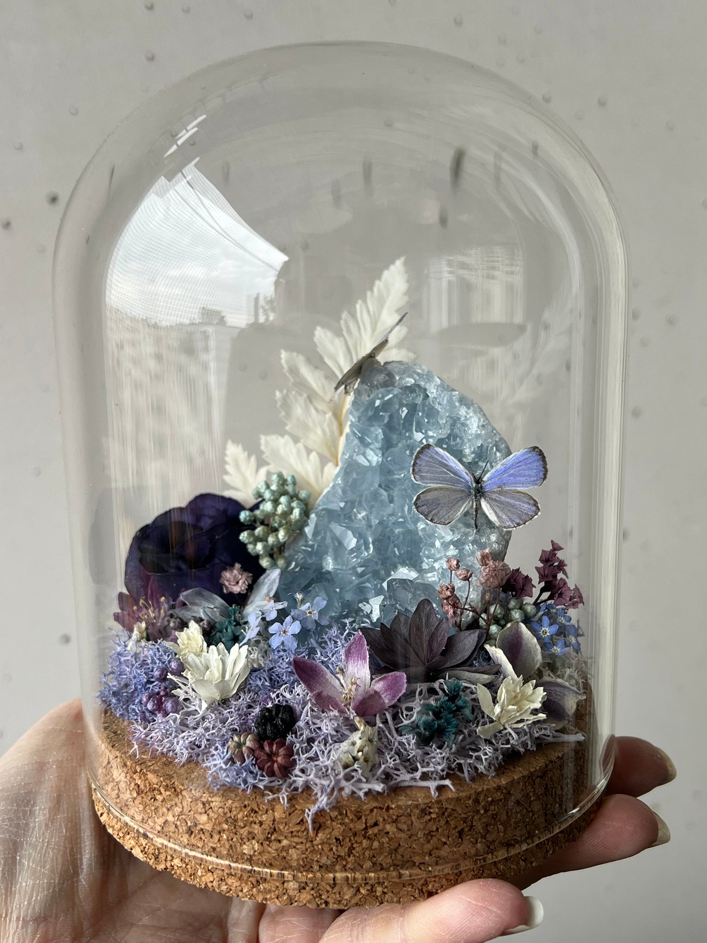 Diorama mit Celestit Kristall, Schmetterlingen & Blumen
