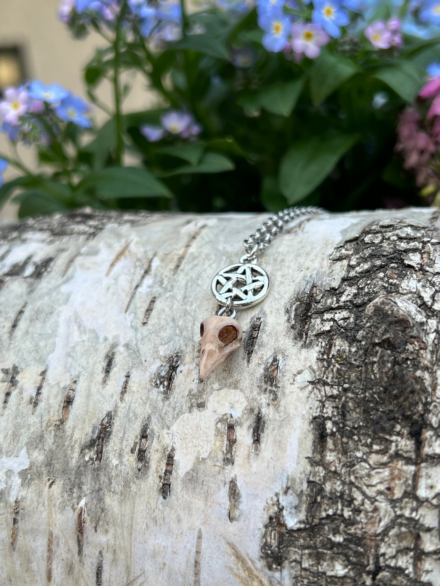 Mini Vogelschädel Halskette mit Pentagramm Silber