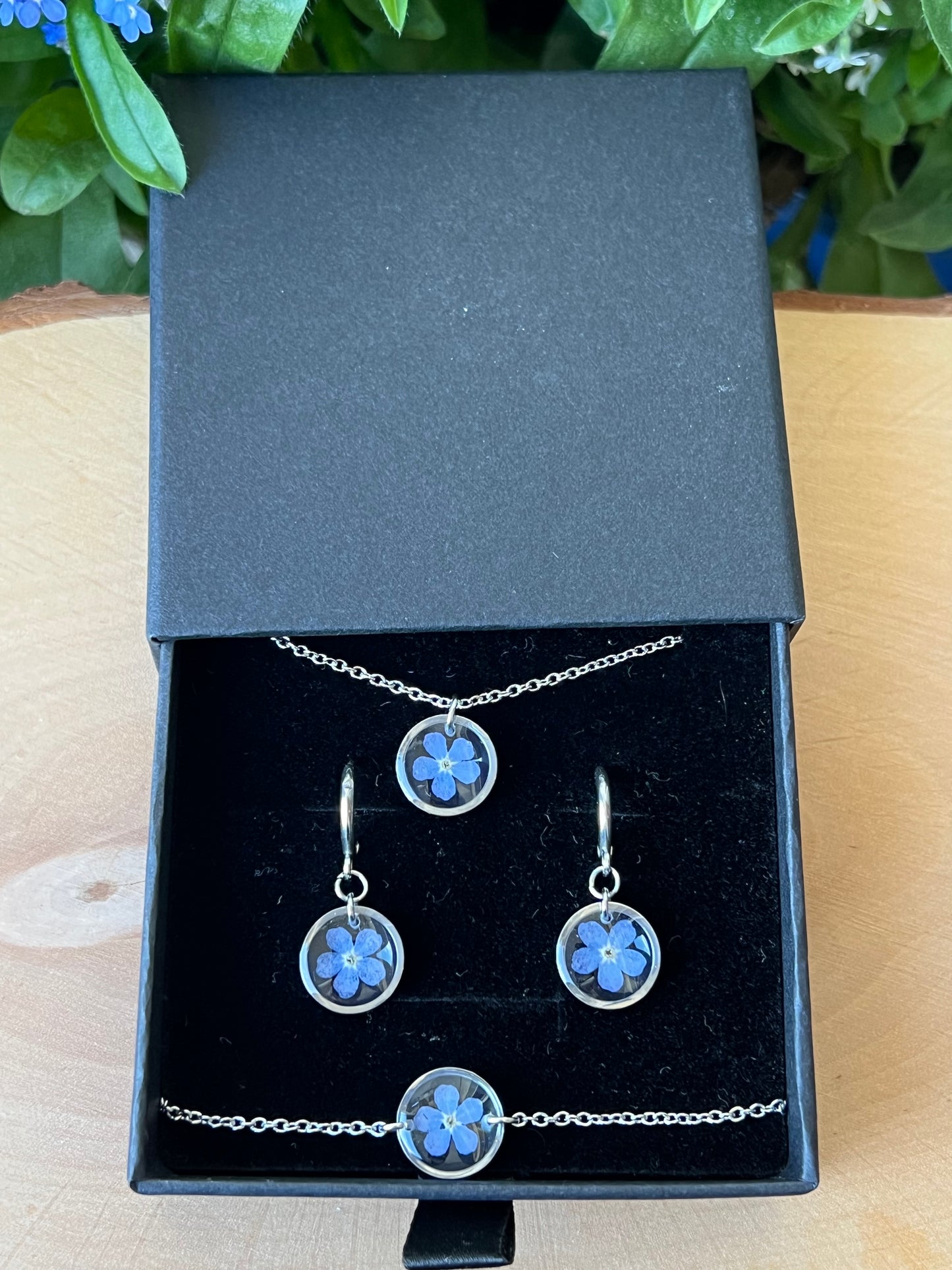 Schmuckset in Schachtel mit Vergissmeinnicht - Silber