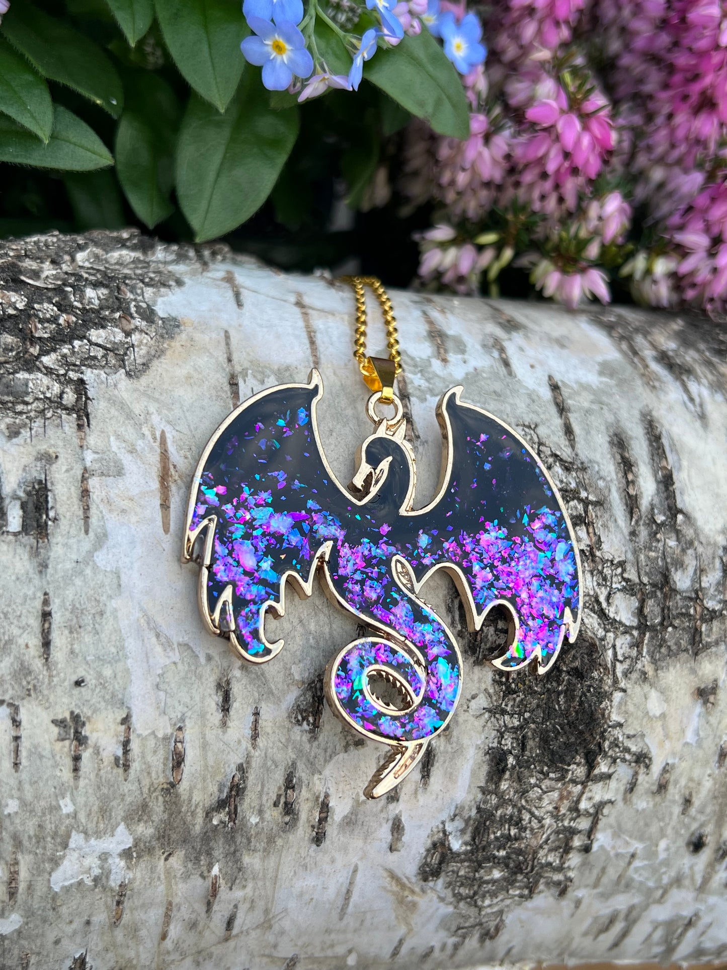 Drachen Halskette pink/violett schimmer Gold