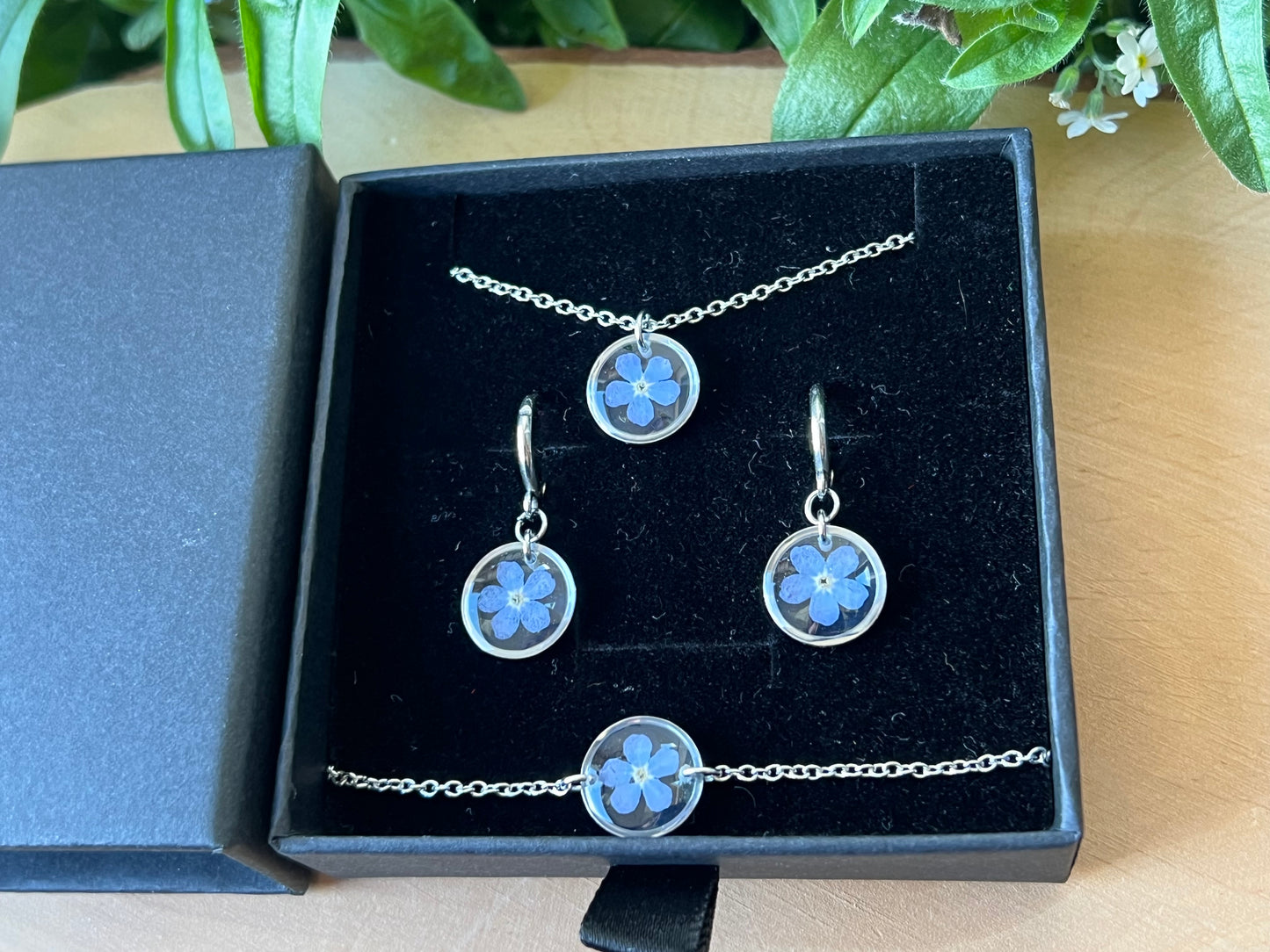 Schmuckset in Schachtel mit Vergissmeinnicht - Silber