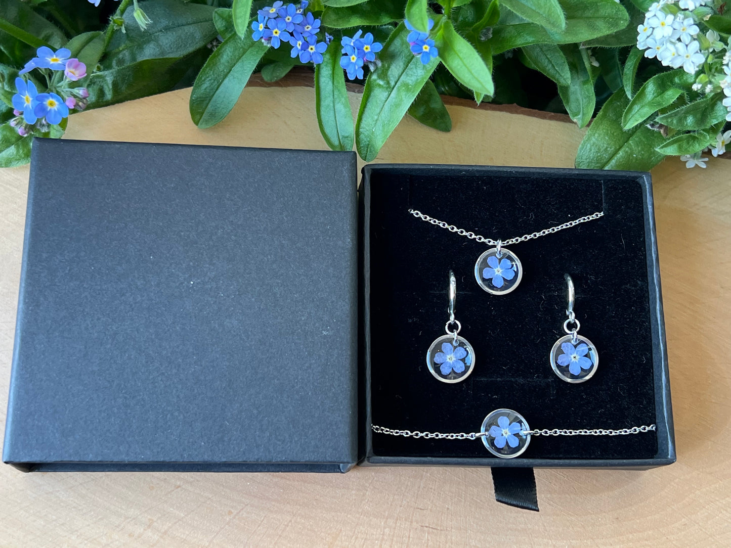 Schmuckset in Schachtel mit Vergissmeinnicht - Silber