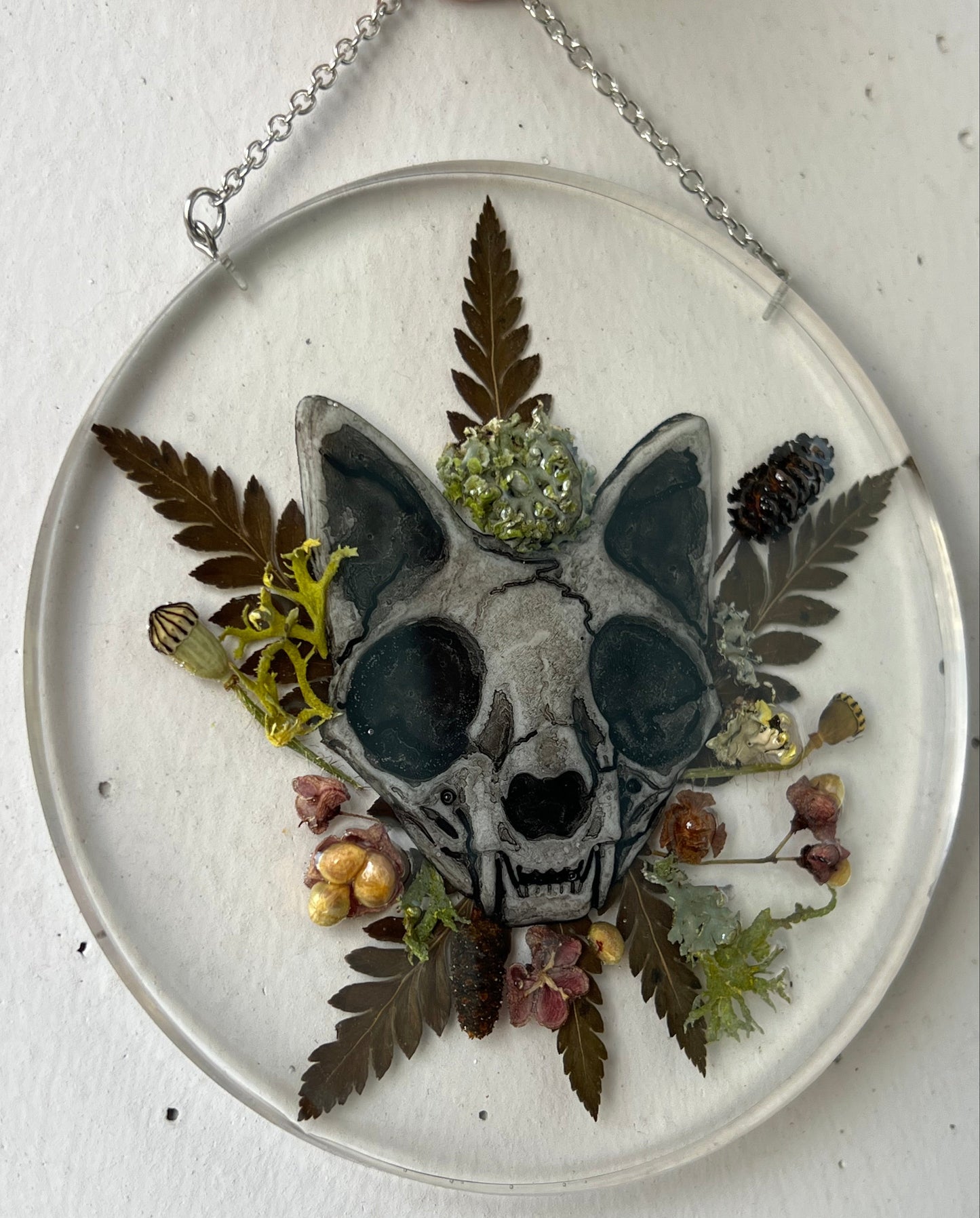 Wandbild mit Katzenschädel aus Harz, Beeren & Co.