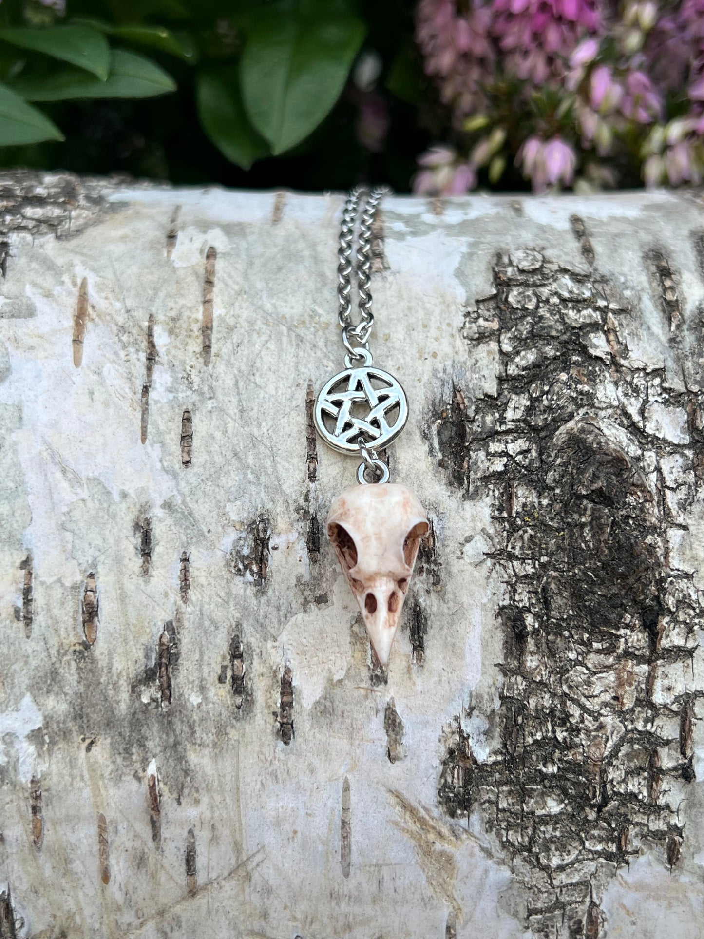 Vogelschädel Halskette mit Pentagramm Silber