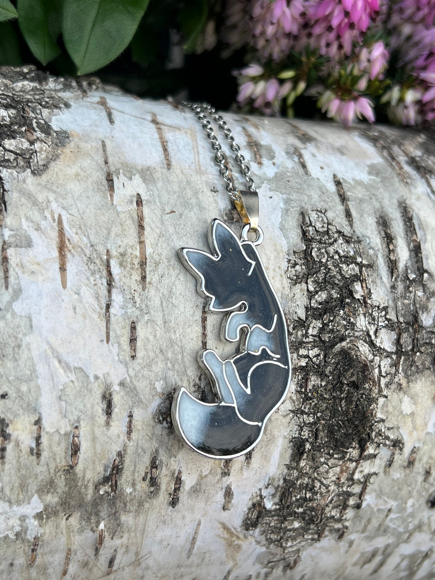 Fuchs Halskette schwarz/weiß Silber