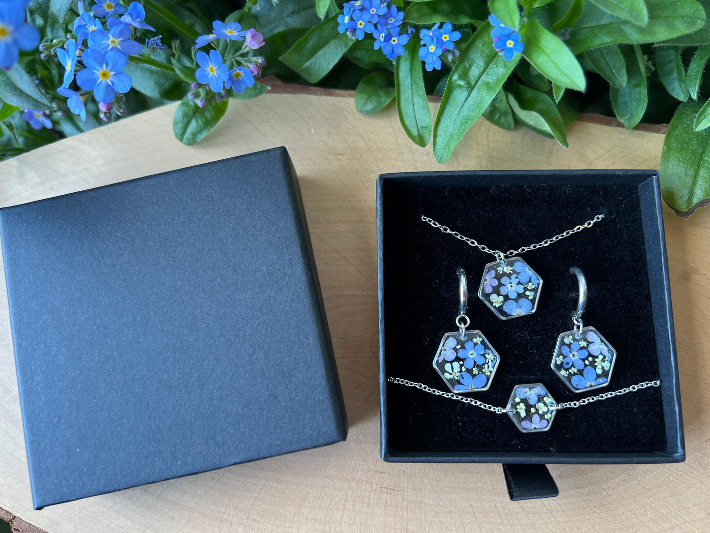 Schmuckset in Schachtel mit Vergissmeinnicht & Queen Anne - Silber