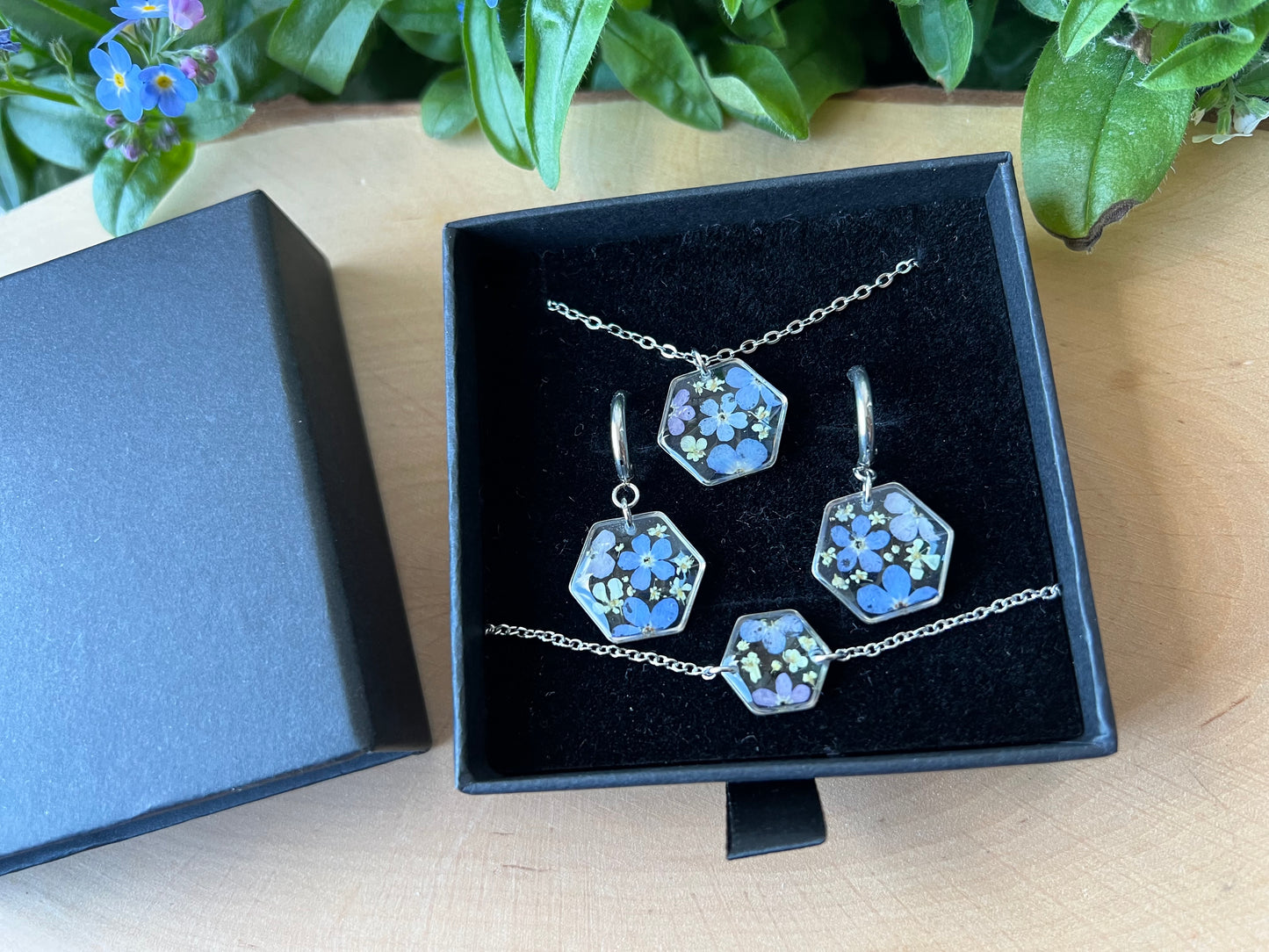 Schmuckset in Schachtel mit Vergissmeinnicht & Queen Anne - Silber
