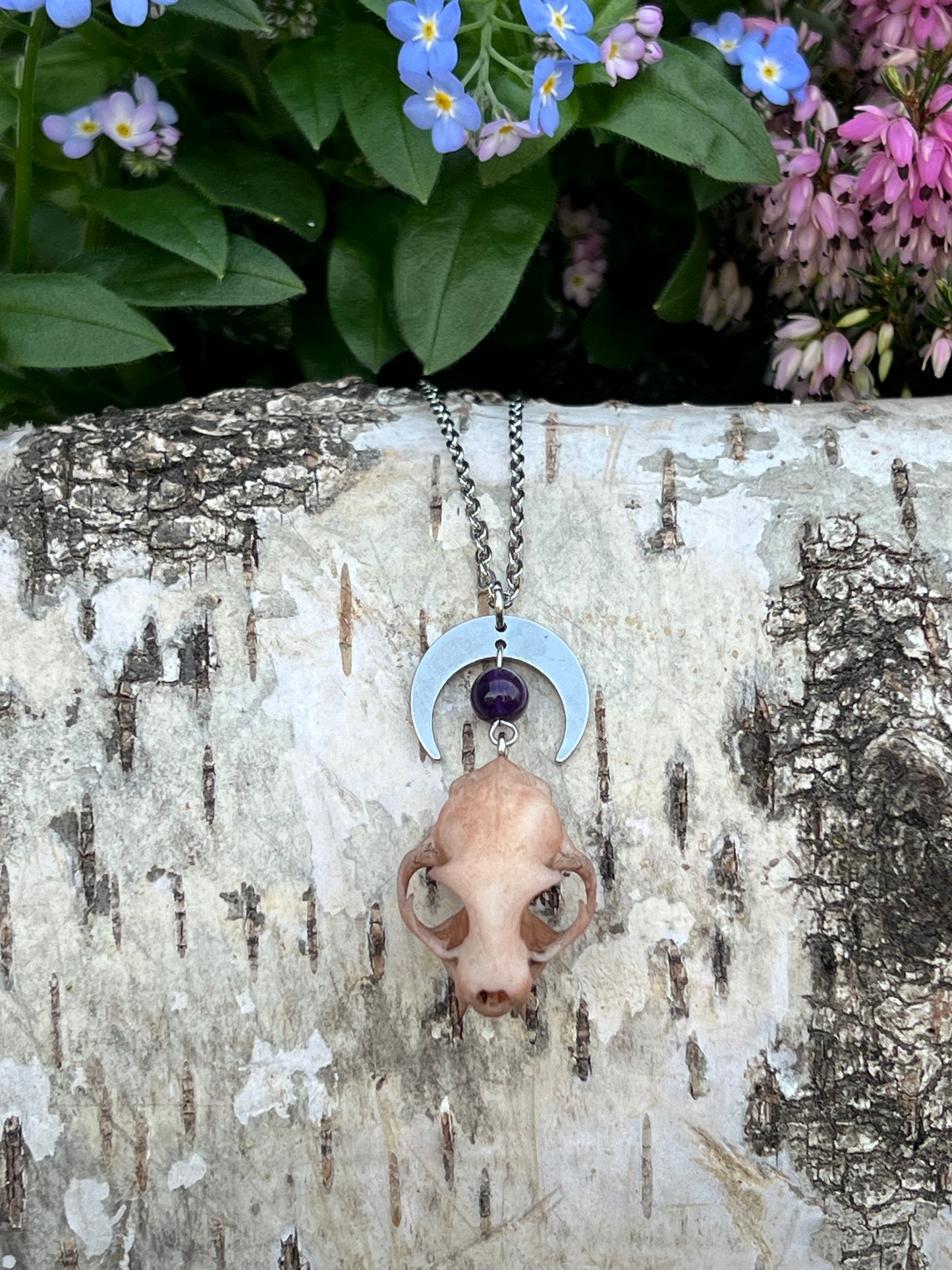 Katzenschädel mit Amethyst Perle und Mond Silber