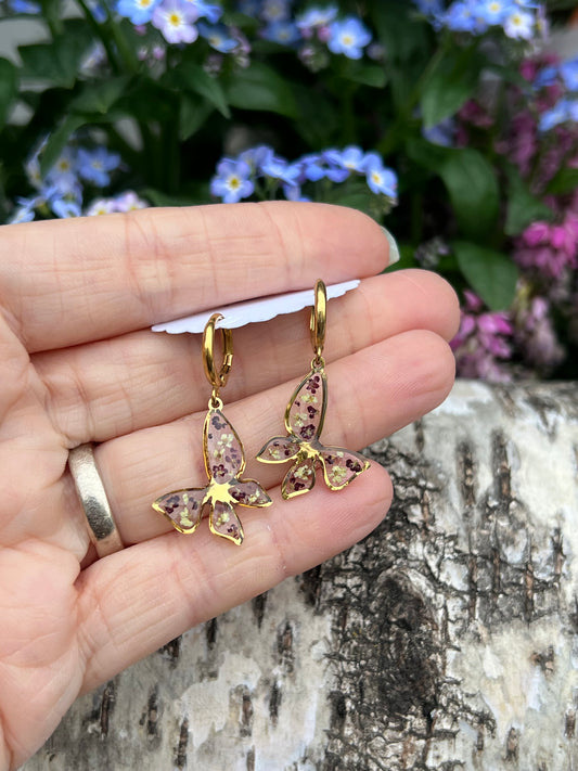 Schmetterlings Ohrringe Gold mit Queen Anne Blüten