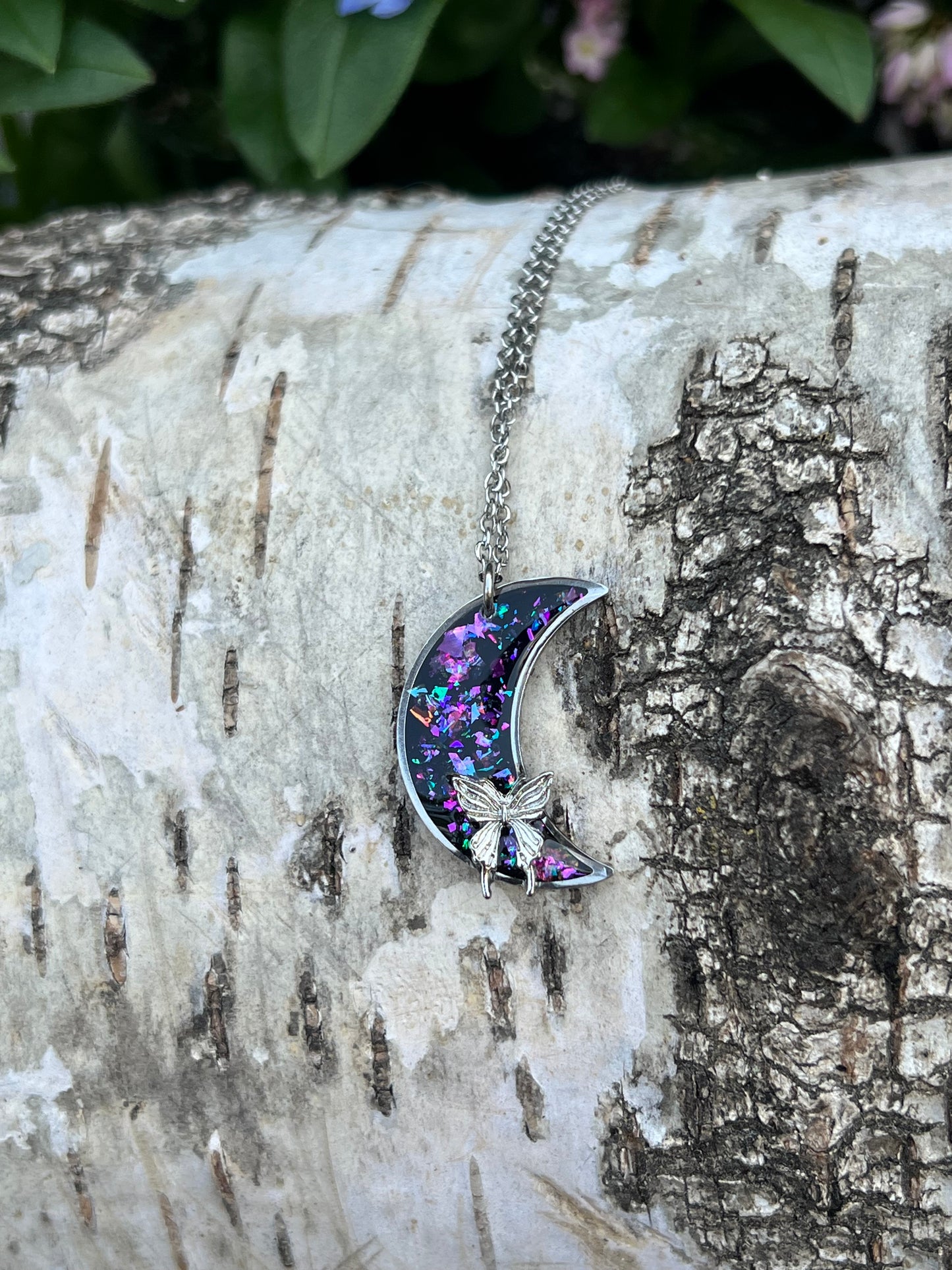 Mond Halskette mit Schmetterling zweiseitig Silber