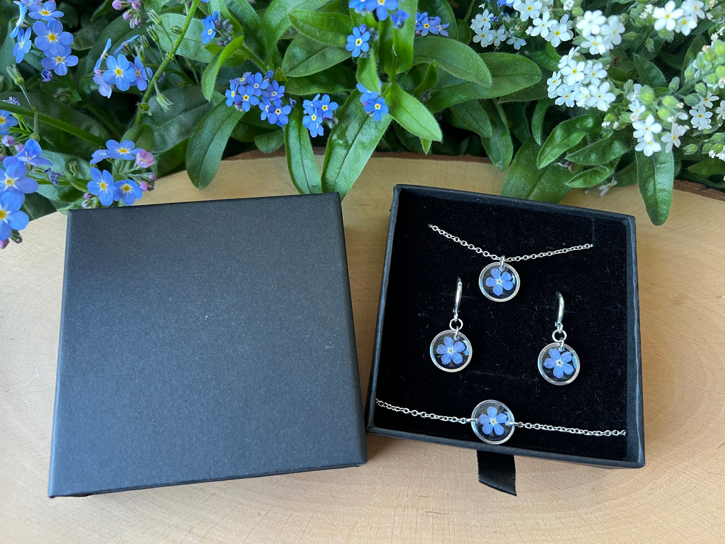 Schmuckset in Schachtel mit Vergissmeinnicht - Silber