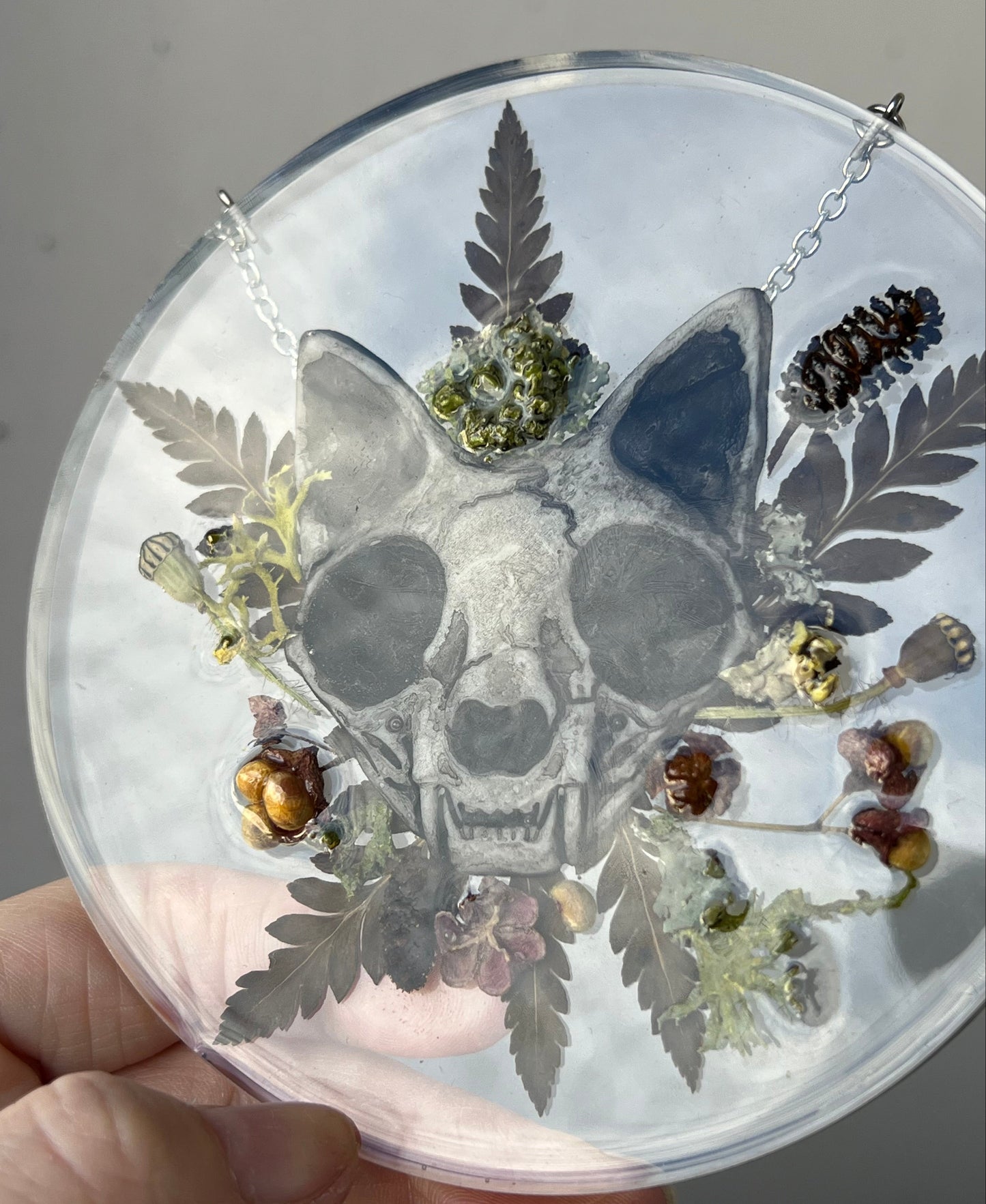 Wandbild mit Katzenschädel aus Harz, Beeren & Co.