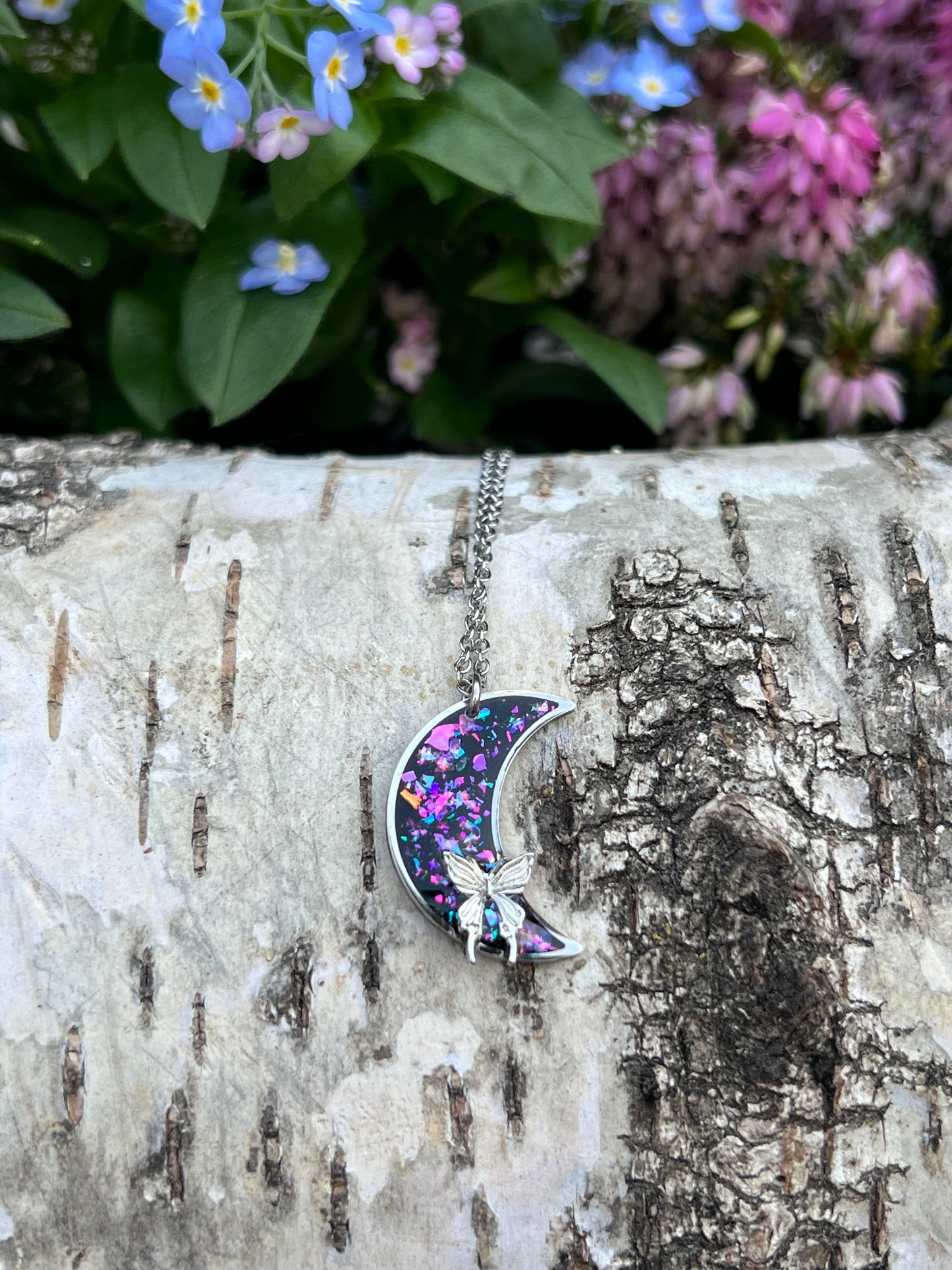 Mond Halskette mit Schmetterling zweiseitig Silber