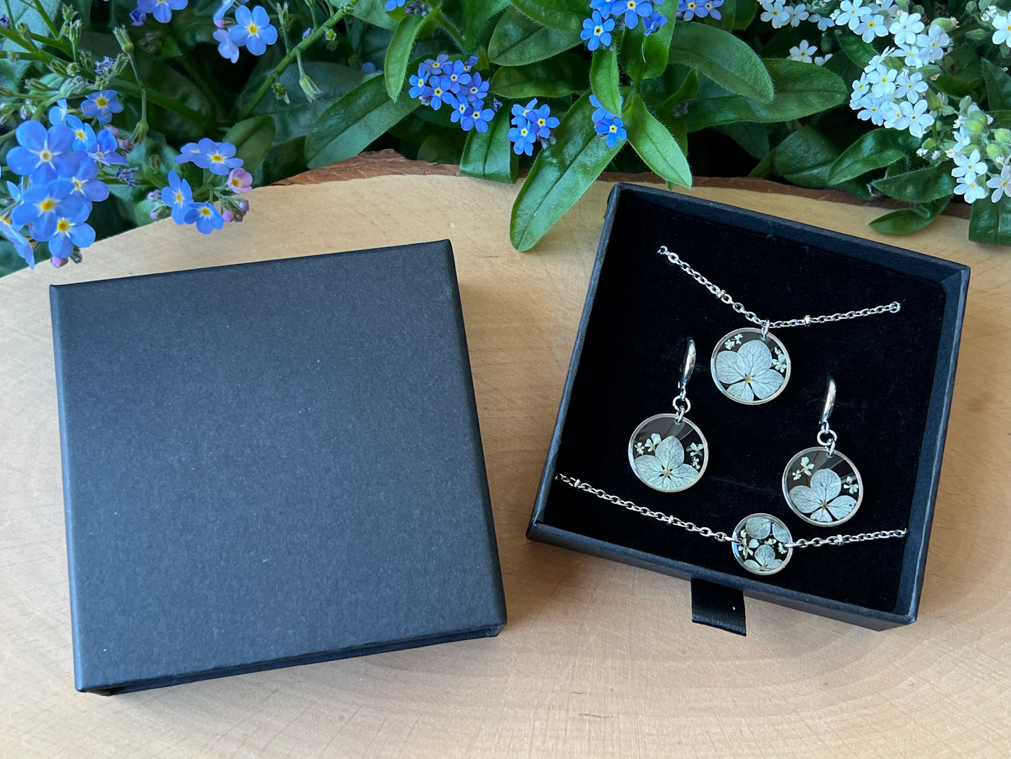 Schmuckset in Schachtel Hortensien & Queen Anne - Silber