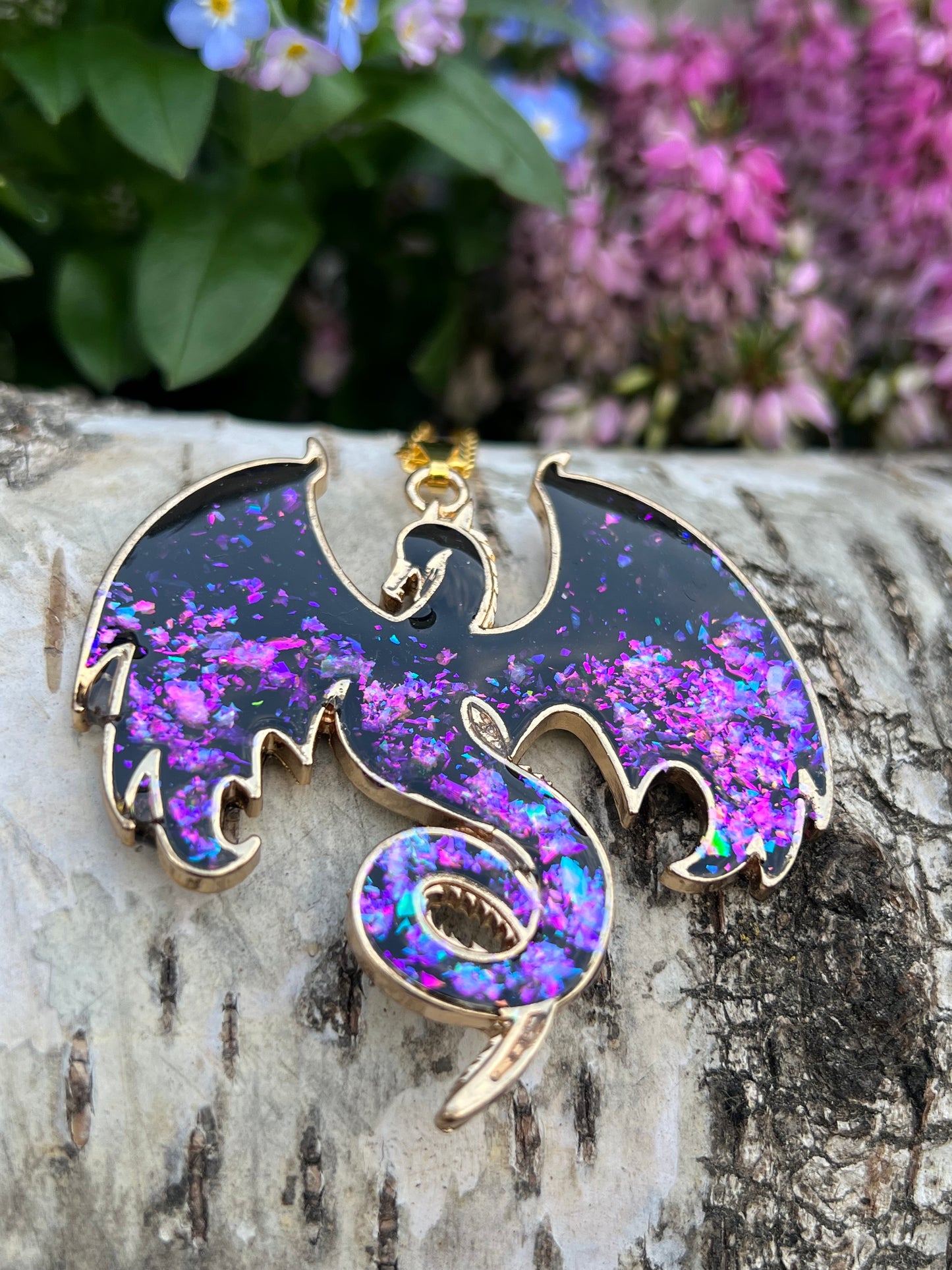Drachen Halskette pink/violett schimmer Gold