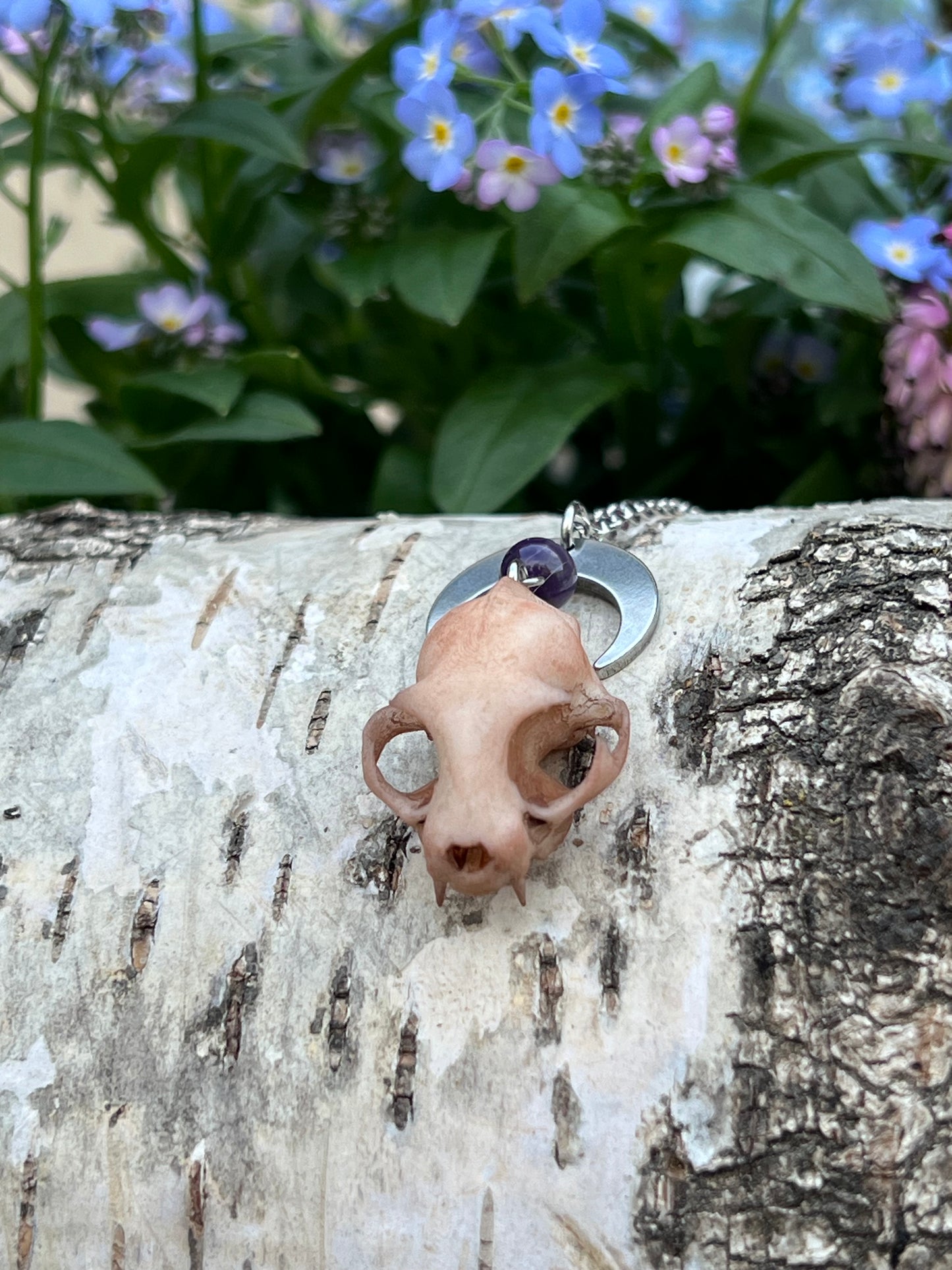 Katzenschädel mit Amethyst Perle und Mond Silber