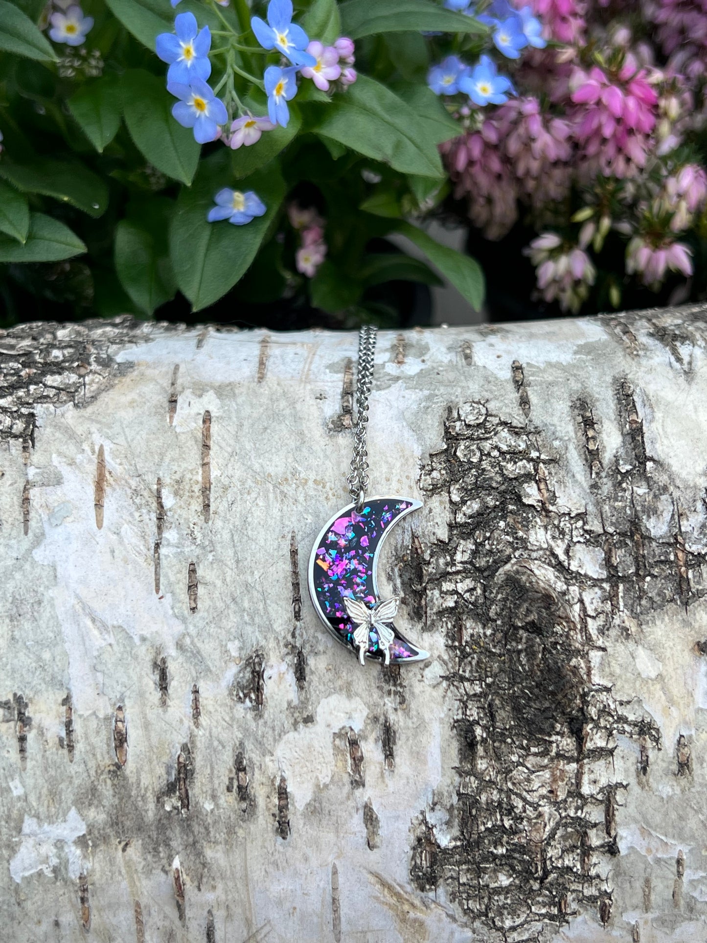 Mond Halskette mit Schmetterling zweiseitig Silber