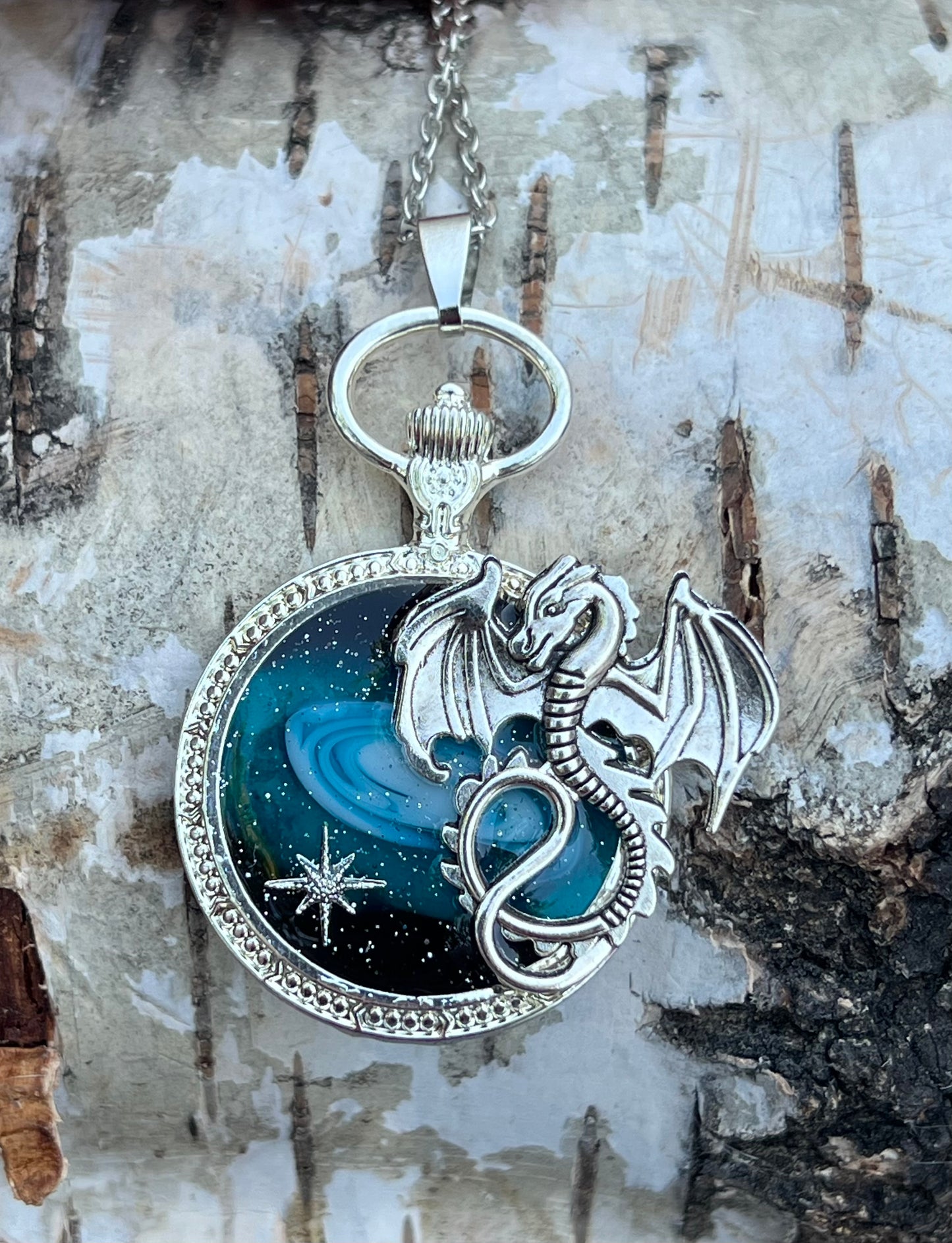 Galaxie Halskette mit Drache Silber