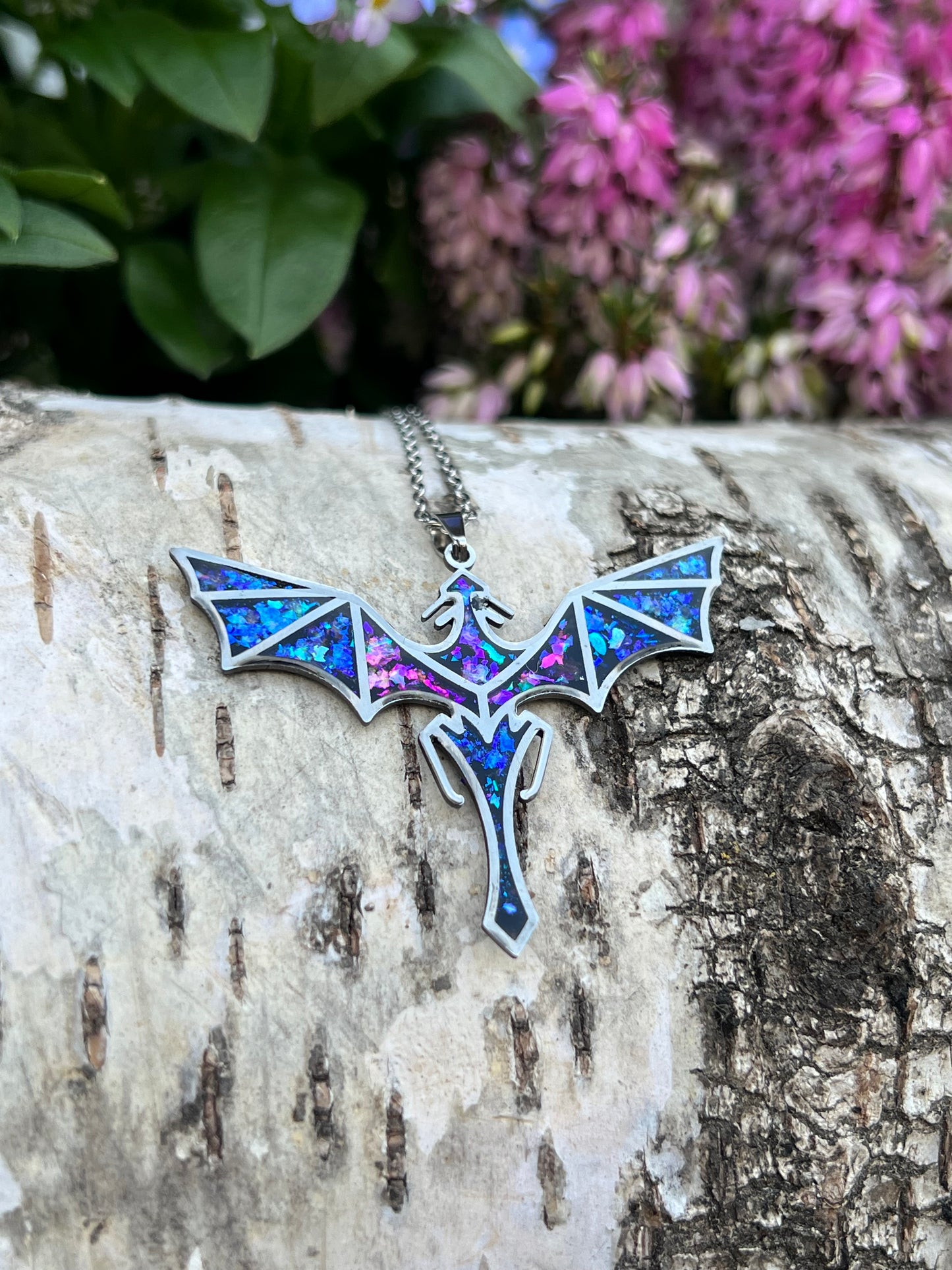Drachen Halskette blau/lila schimmernd Silber