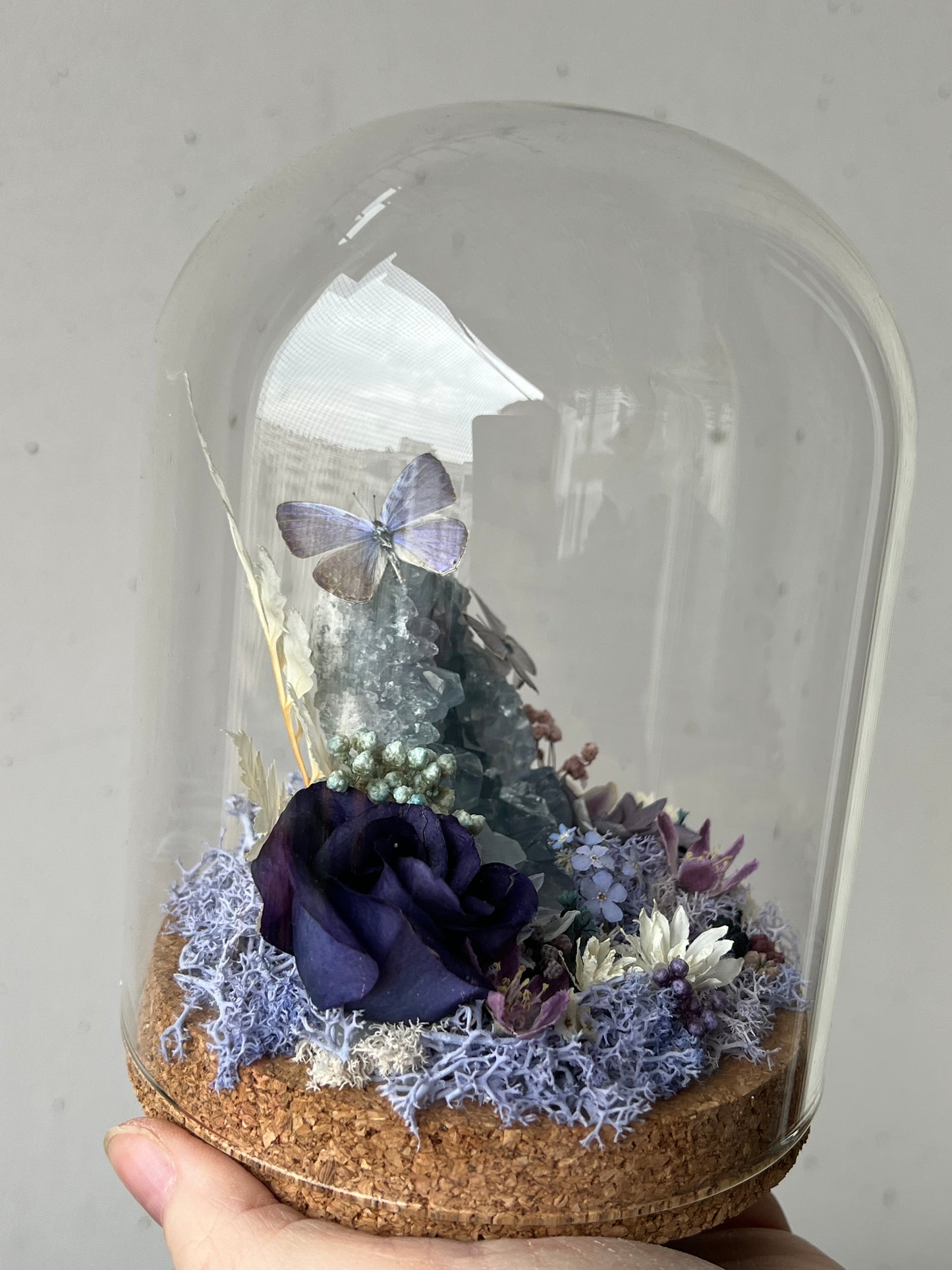 Diorama mit Celestit Kristall, Schmetterlingen & Blumen
